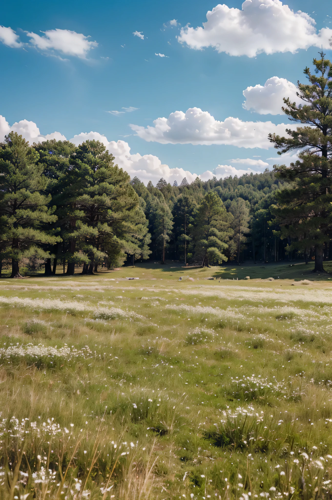 grassland ,Pine trees,early spring,grassland,grass white,wide angle,imagine,Open,Ultra HD shooting,No characters should appear on the screen,spring feeling,a little more sky