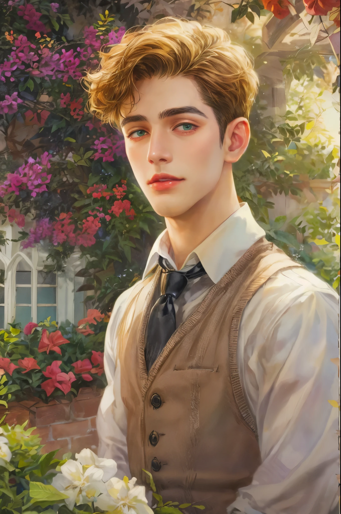 ((Best quality)), ((masterpiece)), (detailed), ((perfect face)), ((halfbody)) handsome face, male, boy, perfect proportions , short hair ((character from anne of green gables male version)) detailed interior, detailed scenery