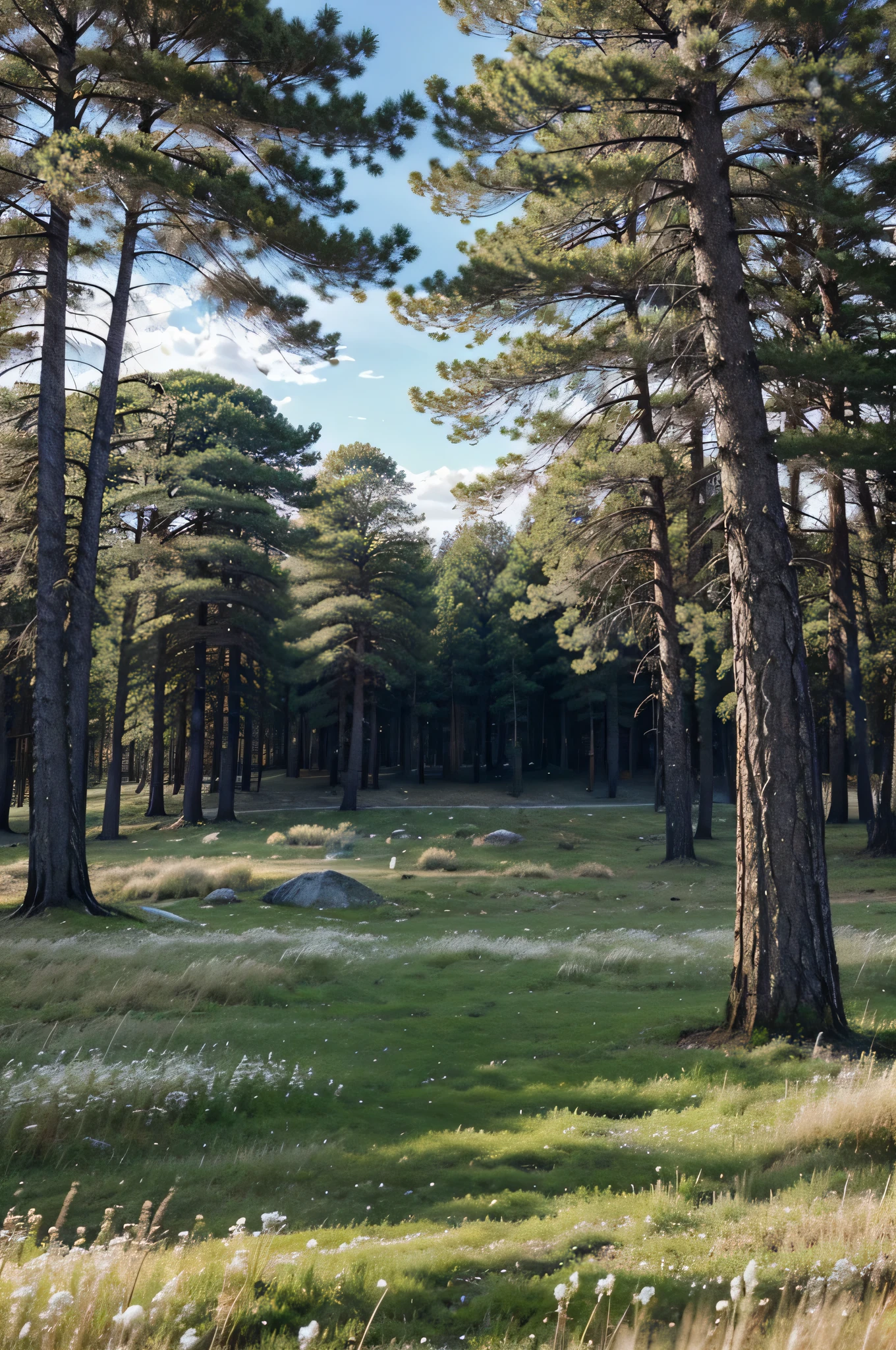 grassland ，Pine trees，early spring，grassland，grass white，wide angle，imagine，Open，Ultra HD shooting，No characters should appear on the screen，spring feeling，a little more sky
