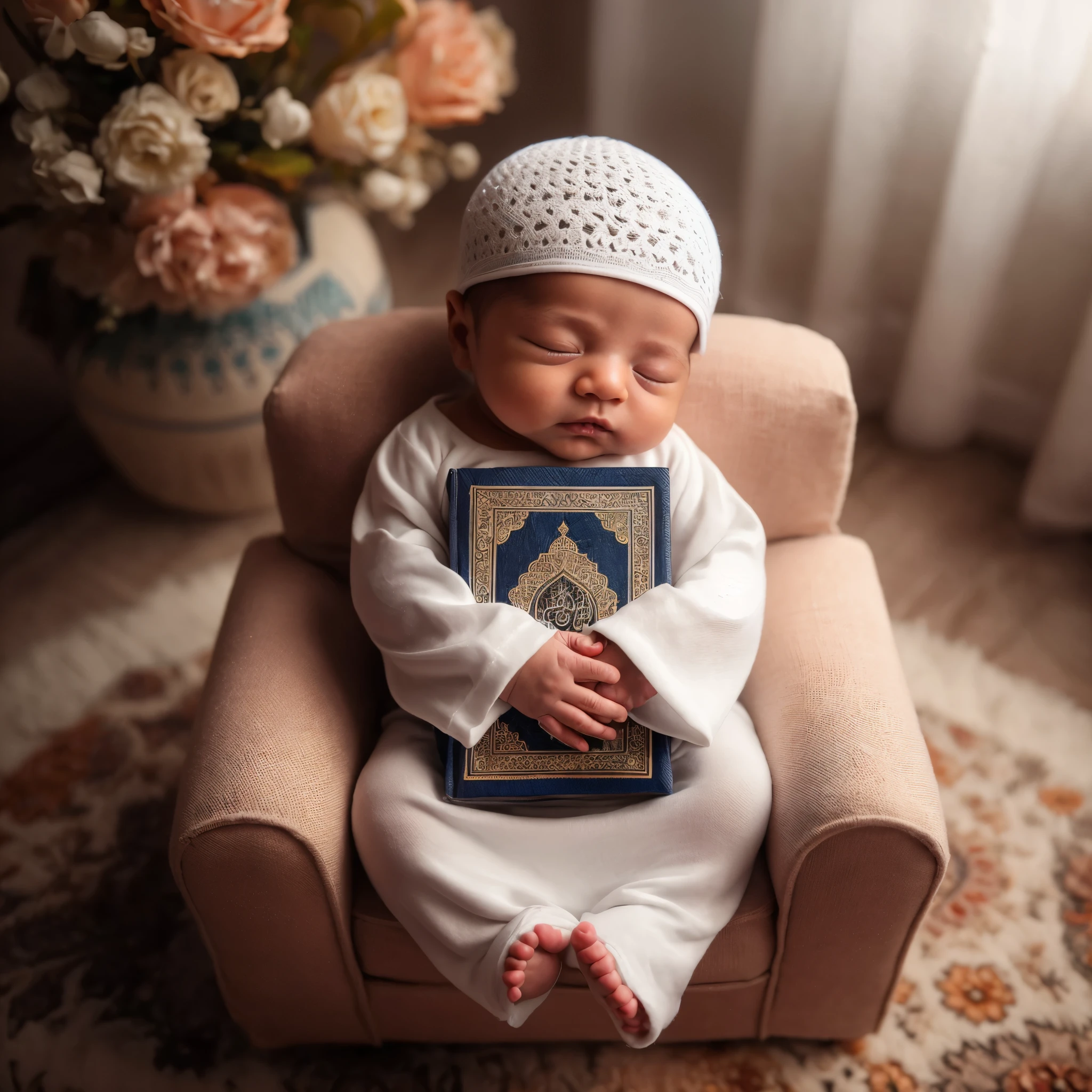 photo of a newborn baby, detailed, realistic, best photography, best photo studio, clear, good lighting, wearing a white Muslim koko shirt, sitting on a small sofa while hugging the Quran, wearing a white cap on the head, Muslim, cinematic photo