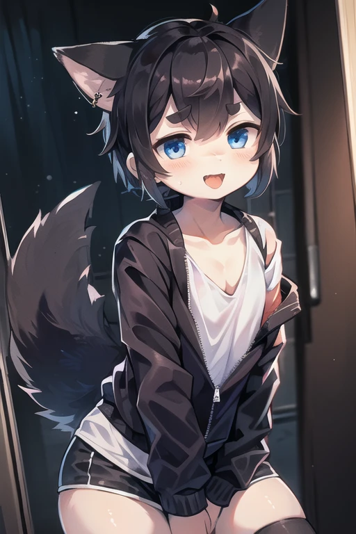 single boy, anime femboy, short, long gray hair, wolf ears, wolf tail, blue eyes, shortデニムのショートパンツを履いている, thigh high fishnet stockings, black boots, wears an open fur-lined jacket, flat chest, wearing a cropped T-shirt, one femboy, thick thighs, wide hips, blue eyes, perfect eyes, perfect face, swollen lips, Happy, thick eyebrows, Ahe face. excited, tongue is sticking out, Piercing underneath