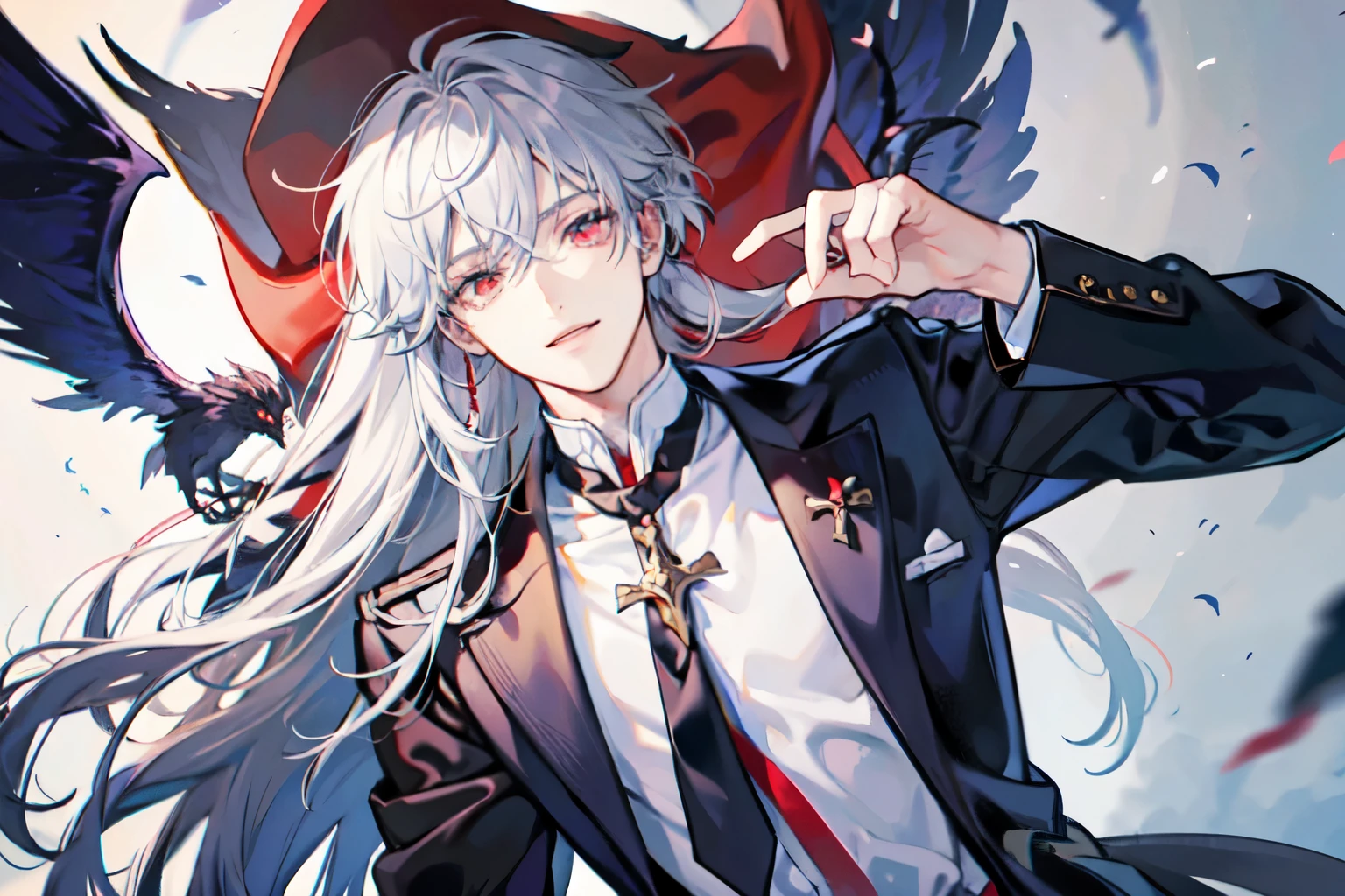 A male teenage is depicted in anime style, red eyes, silver long hair, smiling bashful and blissfully, shy, virtuous, cute, blissful and gentle expression, graceful gesture, wearing white gothic formal style costume, shinny white holy church background, a holy priest vampire, holy aura