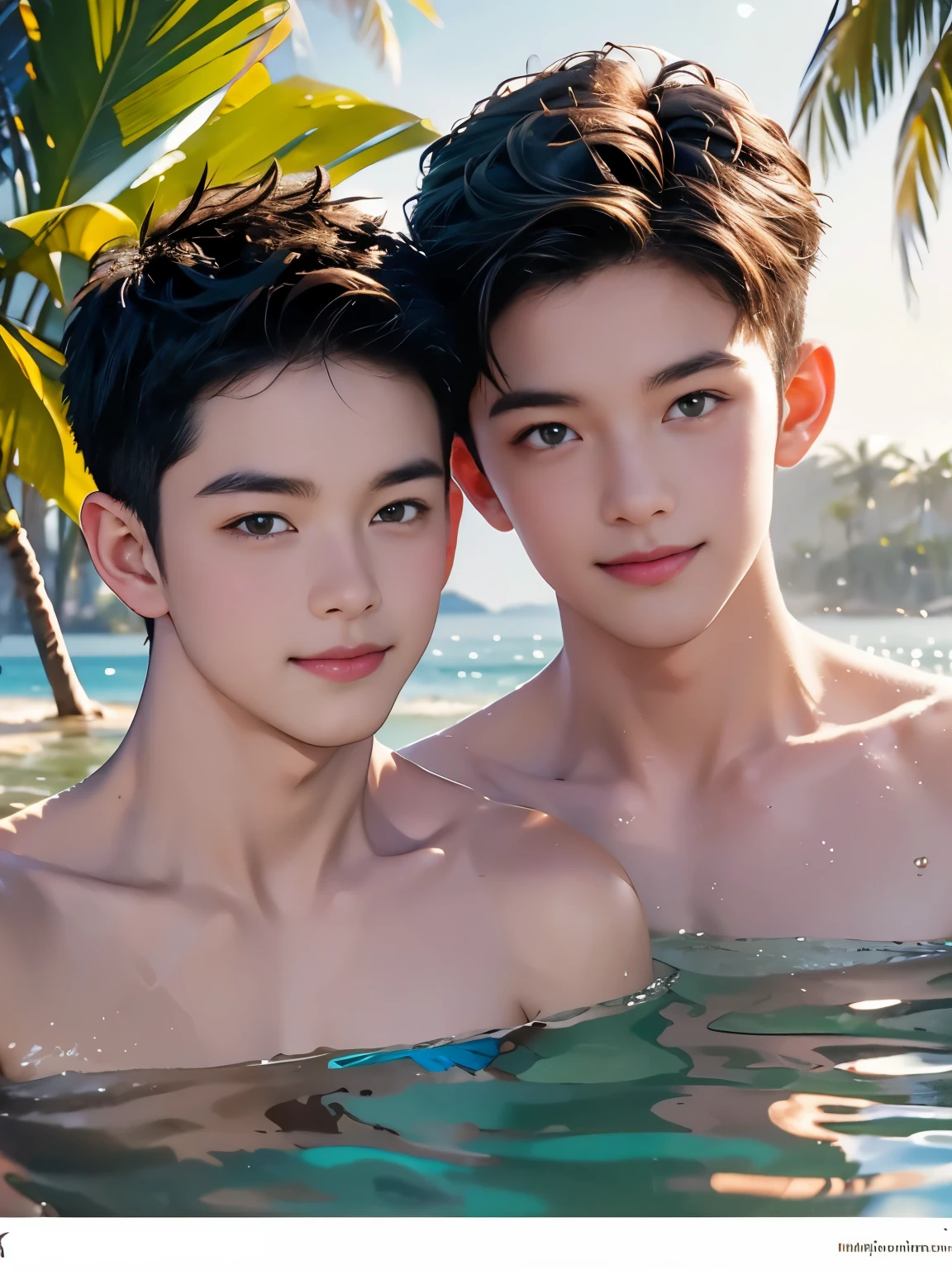 Highest quality portrait of two young guys on the beach knee-deep in water. Two young attractive boys swimming in the sea, completely naked with beautiful strings, beautiful green beach with palm trees and flowers, beautiful , smiling , Friends . Photo portrait of the highest quality !