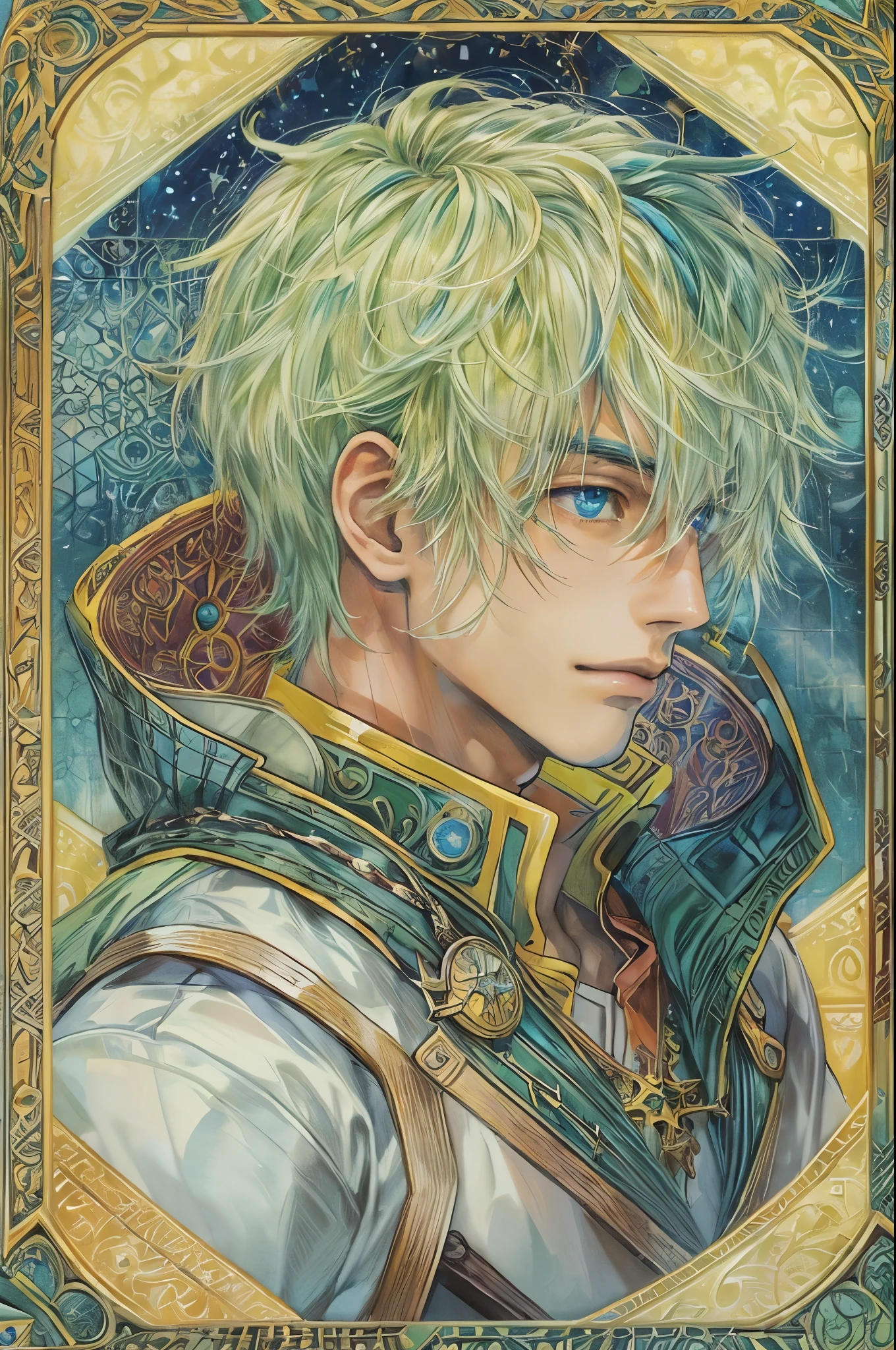 (((Best quality)), ((masterpiece)), (detailed), ((perfect face)), ((halfbody)) handsome face, male, teen boy, perfect proportions , colorful vibe ((character from star ocean , male version)) gnostic interior, gnostic scene