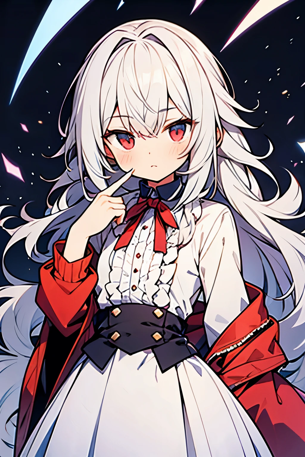 flat-chest beautiful boy, cuteness, ((front frill long sleeve shirt)),silver long hair,red eye,