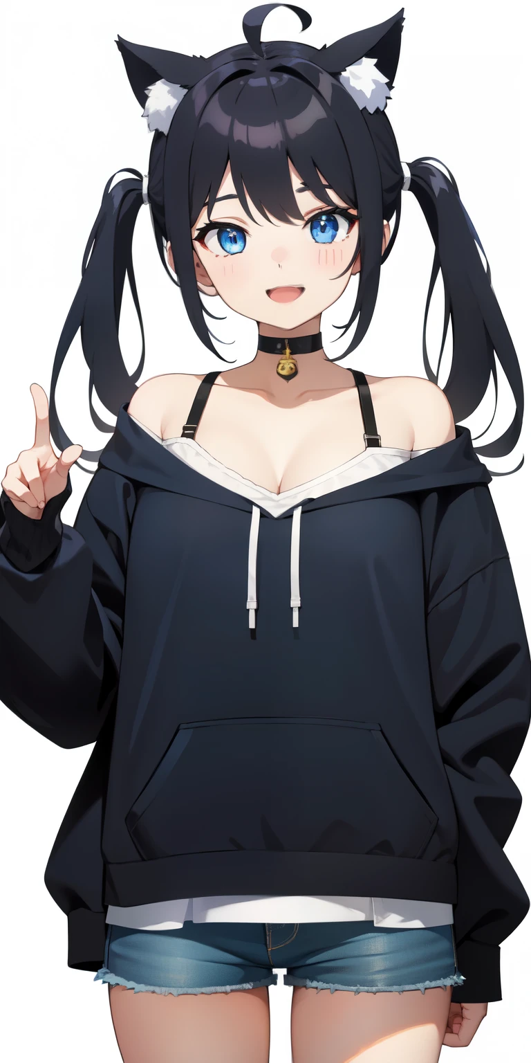 on lap,((((upright)))), ((((stand up)))), looking at the viewer, simple background、white background, 1 girl, open your mouth, smile, Virtual YouTuber、with a girl、((highest quality, expensive_solve, clear_image)),(black hair), (black cat ears), (Ahoge),stupid short hair、twin tails、(wavy hair), (blue eyes),、laughter、very big breasts、((concept art))、((front))、wore a camisole、I put a hoodie on my shoulders、short pants、cleavage visible、whole body、