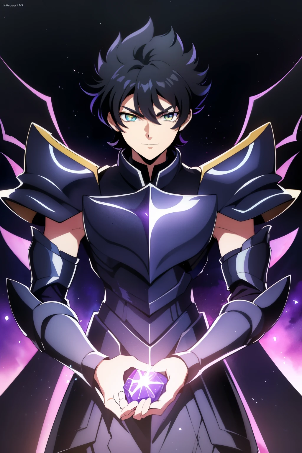 (high-quality, breathtaking),(expressive eyes, perfect face), 1boy, male, solo, half body, armor, dark onyx purple armor, saint seiya armor, spectre armor, fantasy armor, black hair, shortlength hair, yellow eyes, ( watercolor \(medium\), black background, small smile, zoom out, stylized hairstyle, narrow eyes
