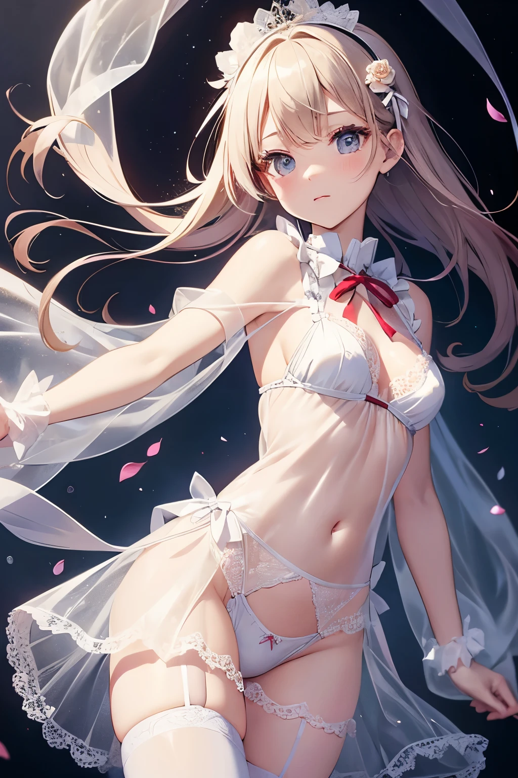 beautiful girl, cute, young, small limbs, short fingers, big breasts, embarrassed face, big ribbon on head, Thin and sheer clothing, princess dress, sheer white lace tights, clothes with lots of ribbons, (White see-through panties with ribbon and lace), thin and transparent white tights, red shoes, choker, highest quality, masterpiece, High resolution, 4k, 超A high resolution, Photoreal:1.4, symmetrical eyes, whole body, fold your arms behind your back, flower garden