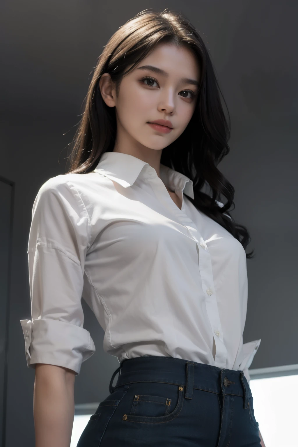 ((best quality)), ((Masterpiece)), (details), perfect face, beautiful body, beautiful face, Teen Girls, perfect body, detailsสูงเป็นพิเศษ, Optical Realism, Intimate atmosphere, light flows, Straight black hair, ponytail, Wear black office clothes, black skirt, Unbuttoned shirt, black gray background
