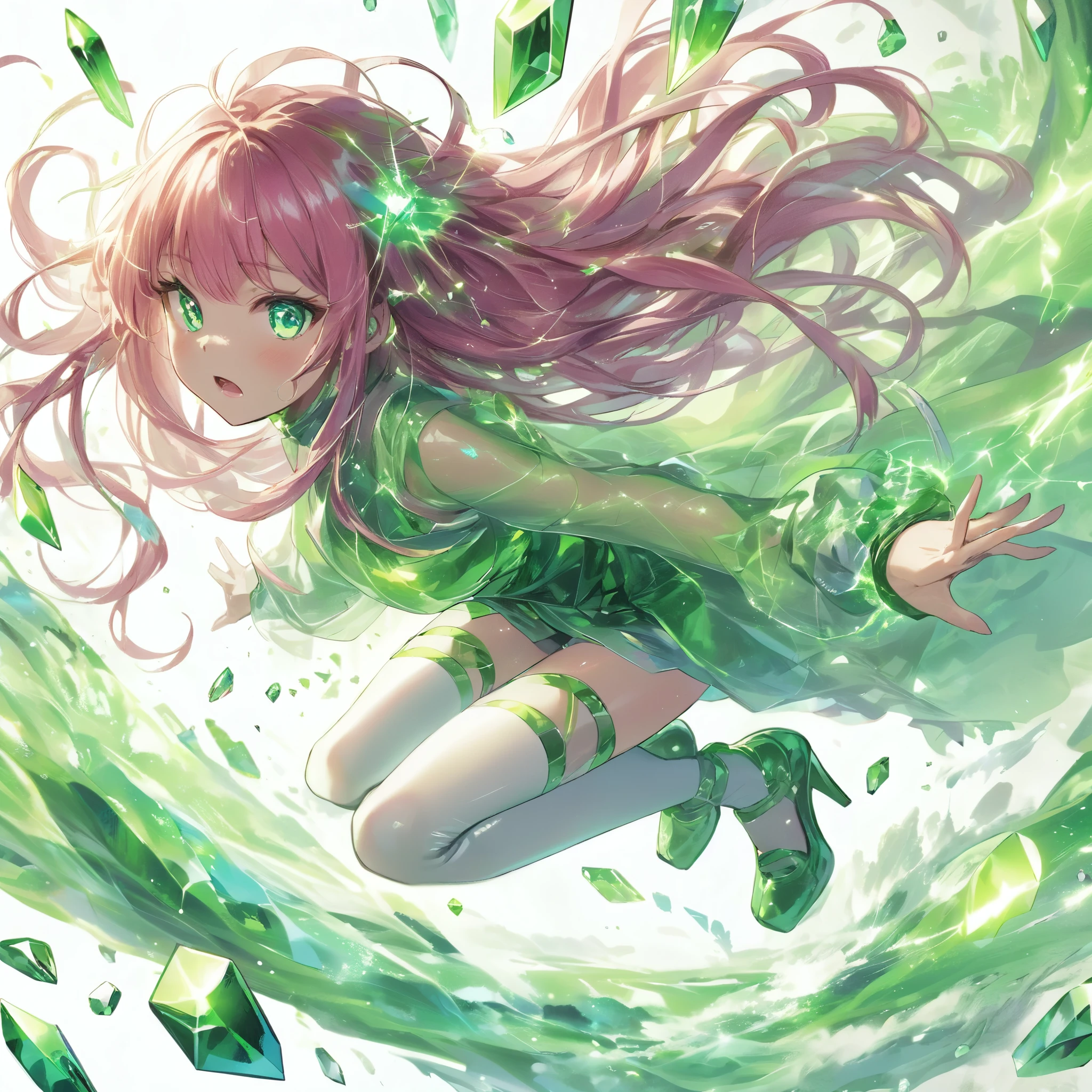 masterpiece, best quality, Anime style, girl made of green crystal, long pink hair, ponytail, blue eyes, green glass, transparency, green light particles, green aura, effects, action, flying kick, stiletto heels, translucent green clothes, wind effects dancing from the hands, background based on glittering green, full body shot, white light particles, yellow light particles, luster, luster, three-dimensionality, ruggedness, explosiveness, spirit, There is a sense of tension, urgency, and a fierce battle; the composition shows the girl from a distance; a powerful green energy wave is emitted; lightning flashes behind her, and the surrounding area is illuminated with green. She is surrounded by an aura of blue, purple, and yellow. Powerful and dramatic. Dynamic and colorful visuals. The anime uses soft brush strokes like watercolors to create delicate lines, and multiple cels are layered to create the texture of ink. The quality is drawn through needle-pricking detail work., Glossiness, luster