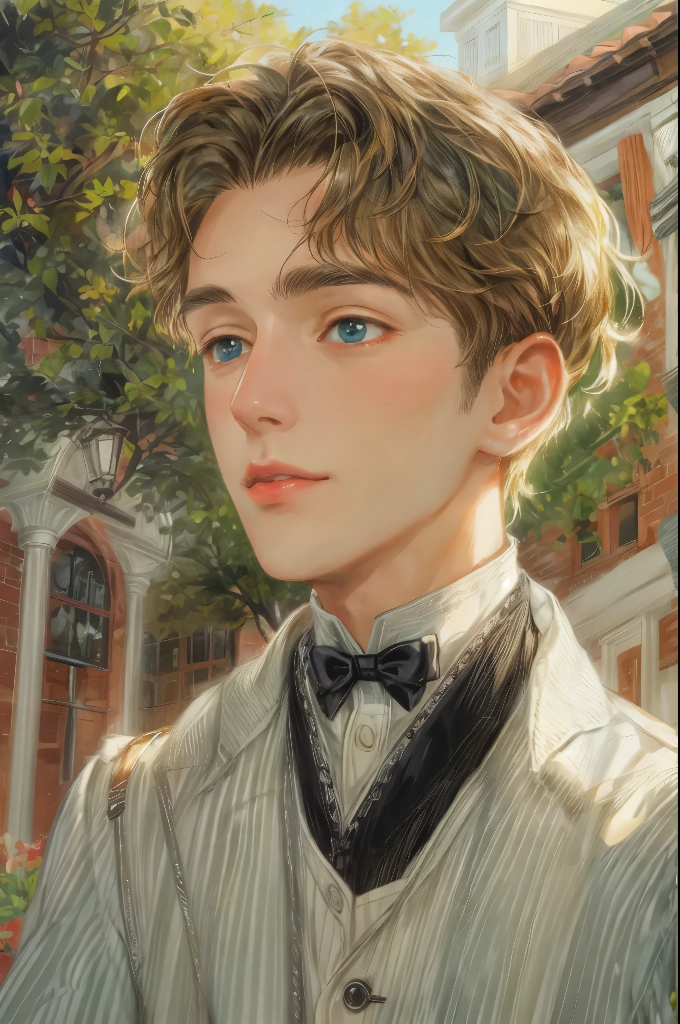 ((Best quality)), ((masterpiece)), (detailed), ((perfect face)), ((halfbody)) handsome face, male, teen boy, perfect proportions , short hair ((character from anne of green gables male version)) detailed interior, detailed scenery 