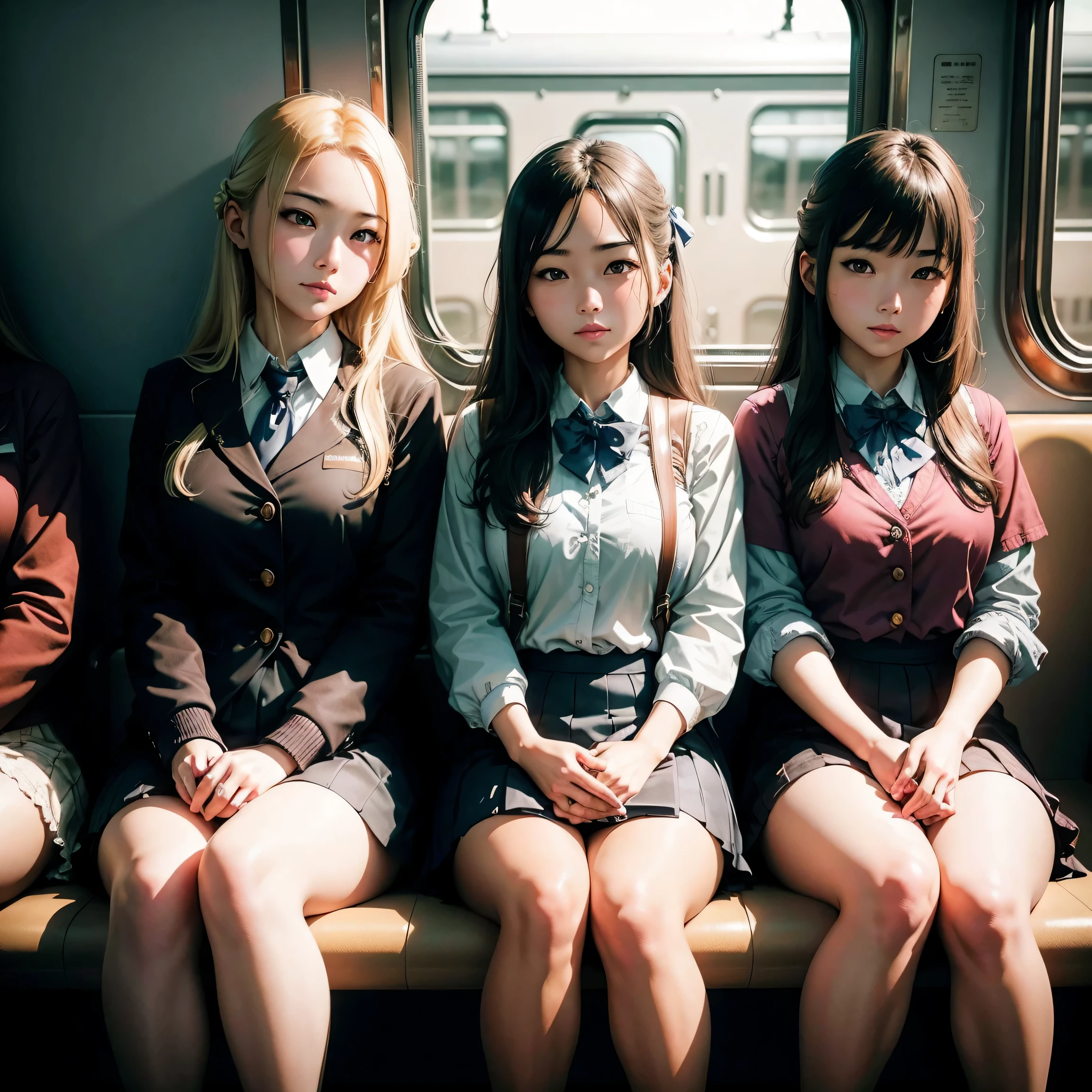 Super detailed　trainの中で　4 high school girls　sitting side by side　train　realistic　best image quality