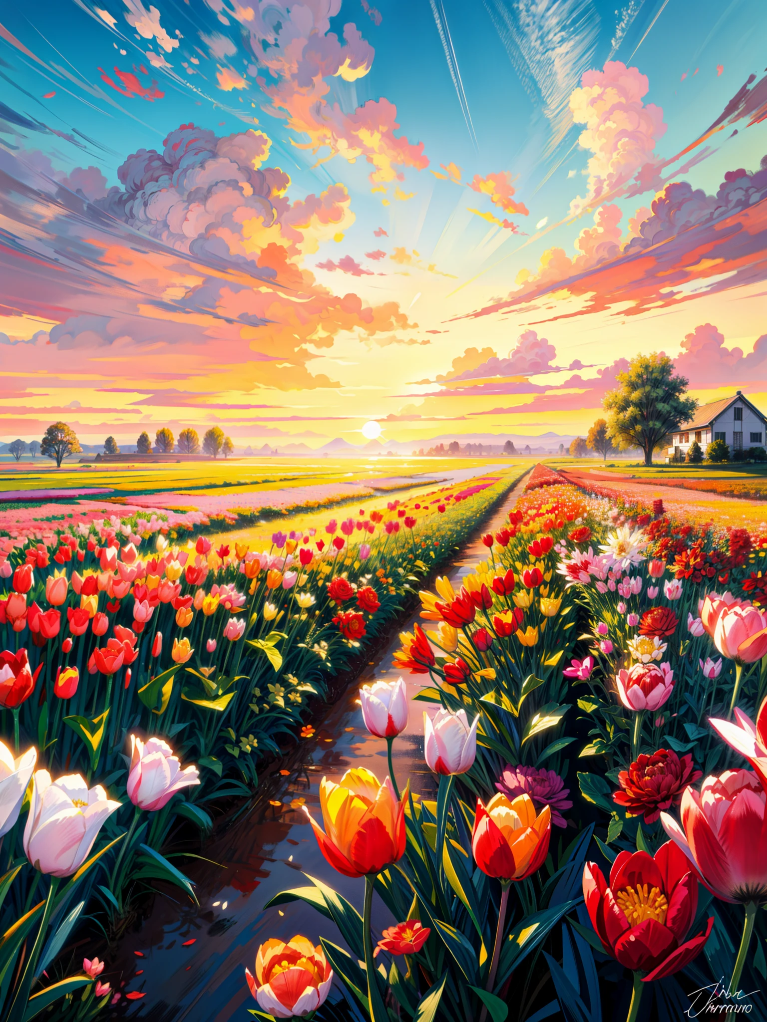 a painting of a sunset over a field of tulips, by RHADS, floral sunset, tulips, vibrant oil painting, colorful landscape painting, by Jan Gregoor, roses and tulips, dutch style painting, gorgeous painting, colorful oil painting, at sunrise in springtime, magical colorful flowers, beautiful art uhd 4 k, dutch painting, beautiful painting of a tall, golden hour, 4k hd, cloud,beautiful art uhd 4 k, a beautiful artwork illustration, beautiful digital painting, highly detailed digital painting, beautiful digital artwork, detailed painting 4 k, very detailed digital painting, rich picturesque colors, gorgeous digital painting
