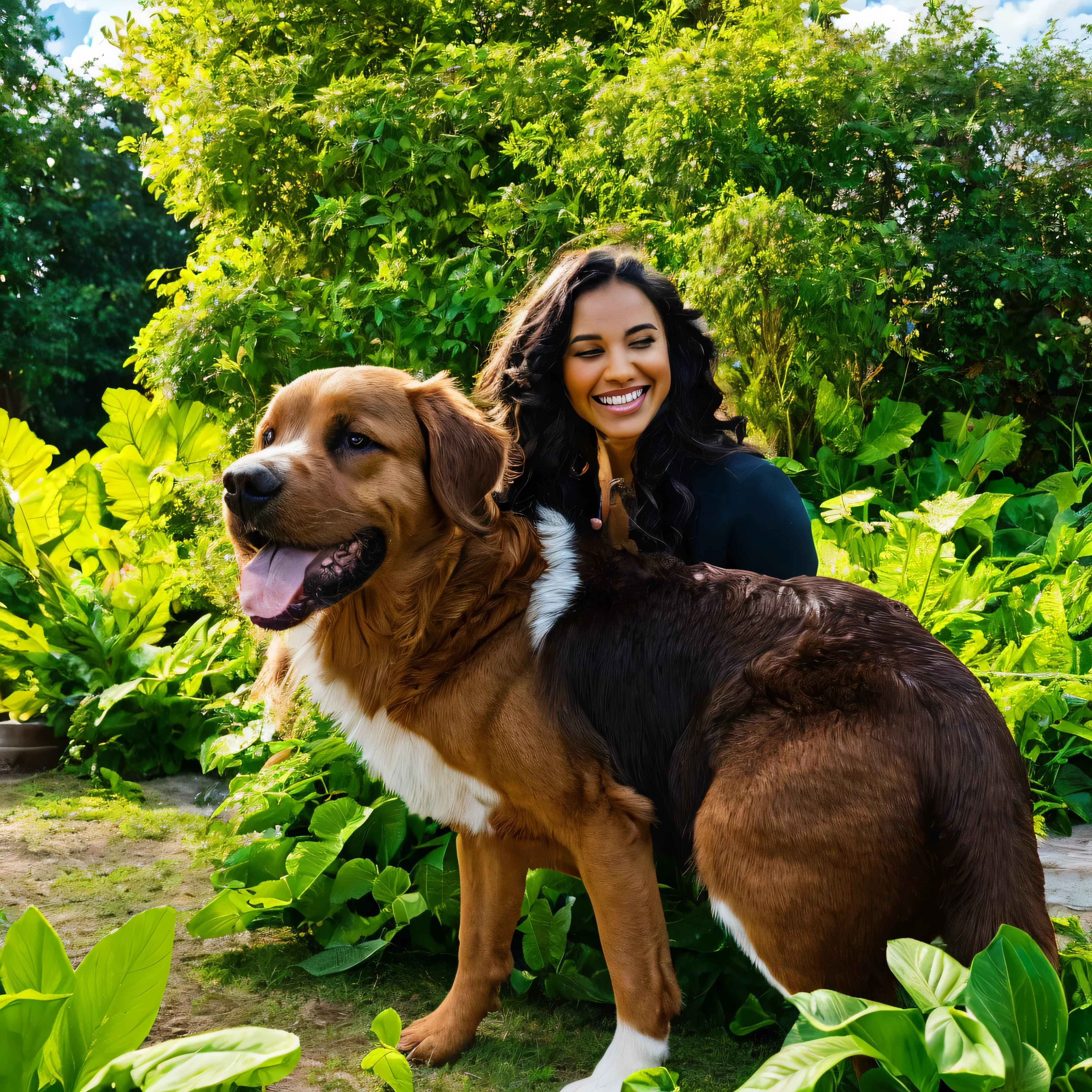 "Using the highest resolution and advanced details, create a cinematic style image where a dog plays happily in a lush garden. O jardim deve ser rico em detalhes, com flores vibrantes, leafy trees, and a clear blue sky with some clouds. A luz solar deve brilhar na cena, dando um brilho especial ao momento. The dog must be medium in size with thick, pelo ondulado. O deveria estar rindo, com cabelos ao vento, emphasizing the feeling of movement and joy. Add effects that enhance the feel of an image taken from a movie, like a soft blur at the edges and a cinematic glow."