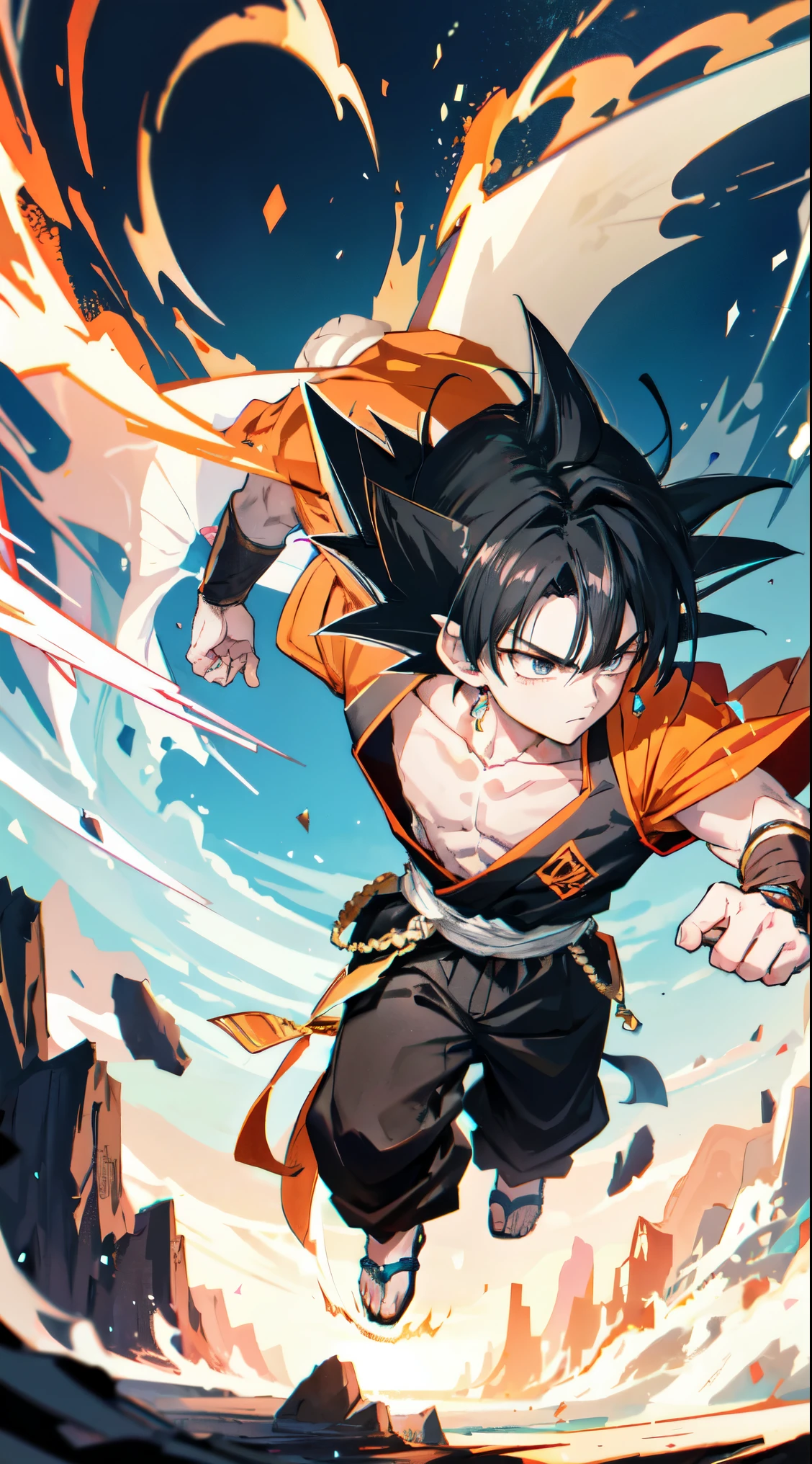 High detailed, 1boy, fantasy, Short spikey hair, black hair, black eyes, Goku’s body, wearing goku’s clothes, fighting a dragon, hair flowing in the air,