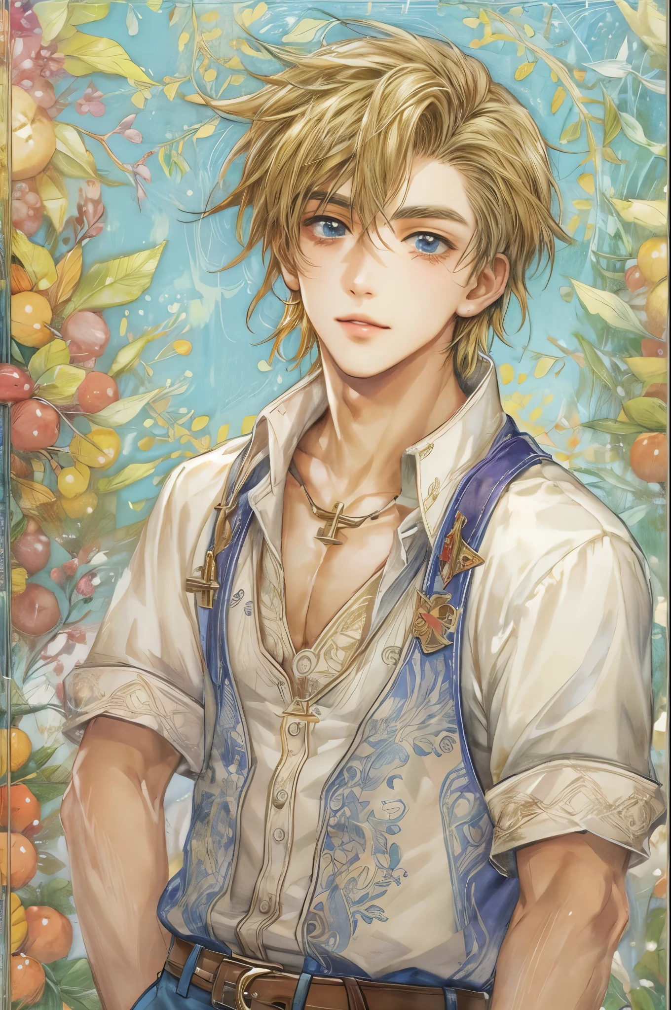 (((Best quality)), ((masterpiece)), (detailed), ((perfect face)), ((halfbody)) handsome face, male,  boy, perfect proportions , colorful vibe ((character from harvest moon, male version)) gnostic interior, gnostic scene