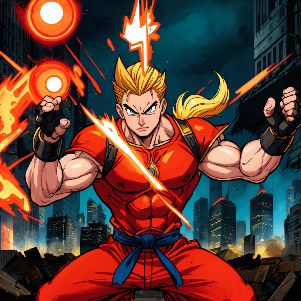 A strong, powerful warrior with spiky, golden hair and piercing blue eyes. His muscular physique is covered in a bright orange martial arts gi with a dark blue undershirt. He stands tall with a determined expression on his face, ready to unleash his incredible power. The scene is set in a dynamic, action-packed environment, with vibrant energy blasts swirling around the warrior. The artwork is created using a combination of digital painting and traditional comic book illustration techniques. The colors are bold and vivid, with a mix of warm and cool tones to create a visually stunning effect. The lighting is intense, with dramatic chiaroscuro emphasizing the warrior's muscular form and intense facial features. The background features a cityscape, partly destroyed by the battle, with remnants of buildings and debris scattered amidst the chaos. The overall image quality is top-notch, with ultra-detailed linework and meticulously rendered textures. This masterpiece is sure to capture the essence of Dragonball's epic battles and larger-than-life characters.