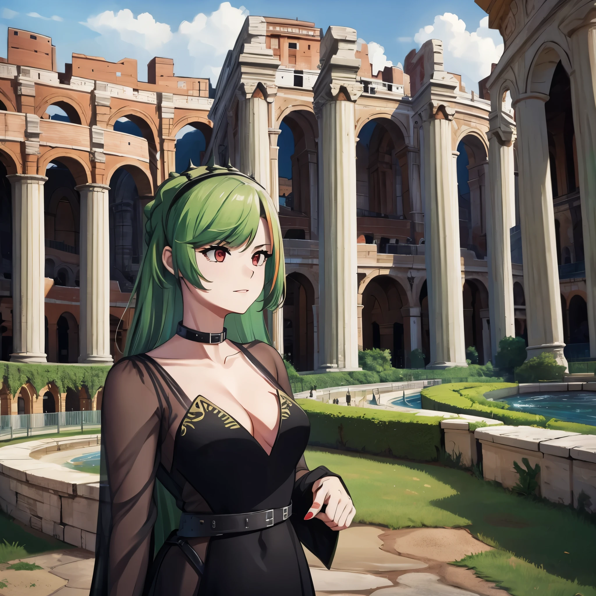 a woman outside a Roman coliseum, green hair, red eyes, black dress
