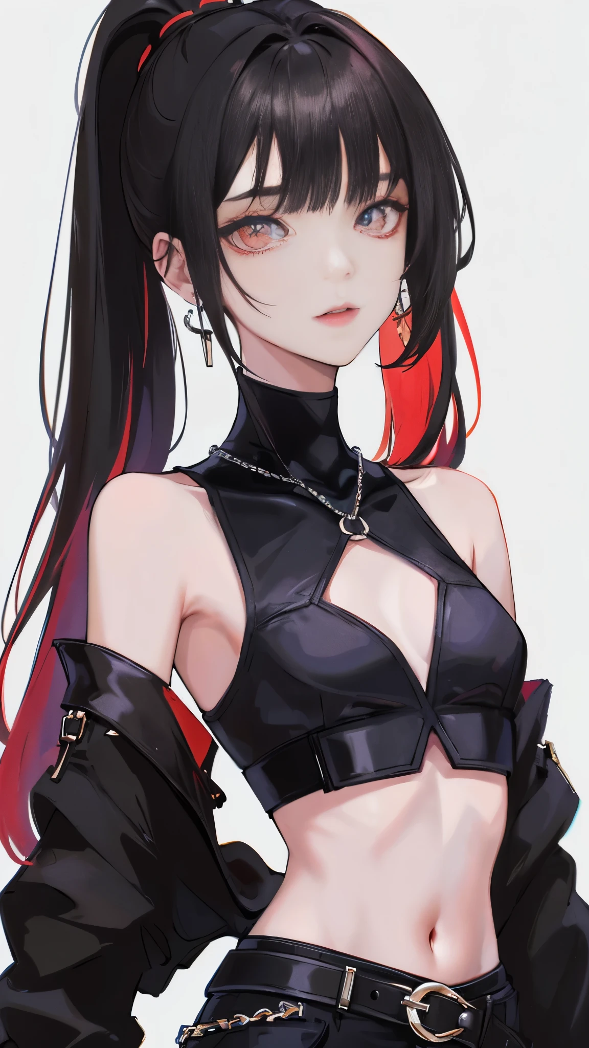 mature woman, 1 girl, (masterpiece, best quality, highly detailed), sharp focus, detailed face, face focus, focus on face, highly detailed eyes, long black cyclamen hair, (cyclamen highlights: 1.3), braids, side bottom braid, cyclamen-red eyes, (sparkling eyes: 1,2), long eyelashes, (strong blush: 1,2), delicate makeup, big breasts, ((black leather strappy body-hugging femdom top and pants, straps, bare shoulders , cleavage)), Cross earrings, pierced ears, cinematic lighting, edge lightning, shading, dynamic angle, sharp image, perfect quality, red room, candlelight, old room, pentagram on the walls, perfect anatomy, vampire castle, chibi, mini chibi, cute, 
