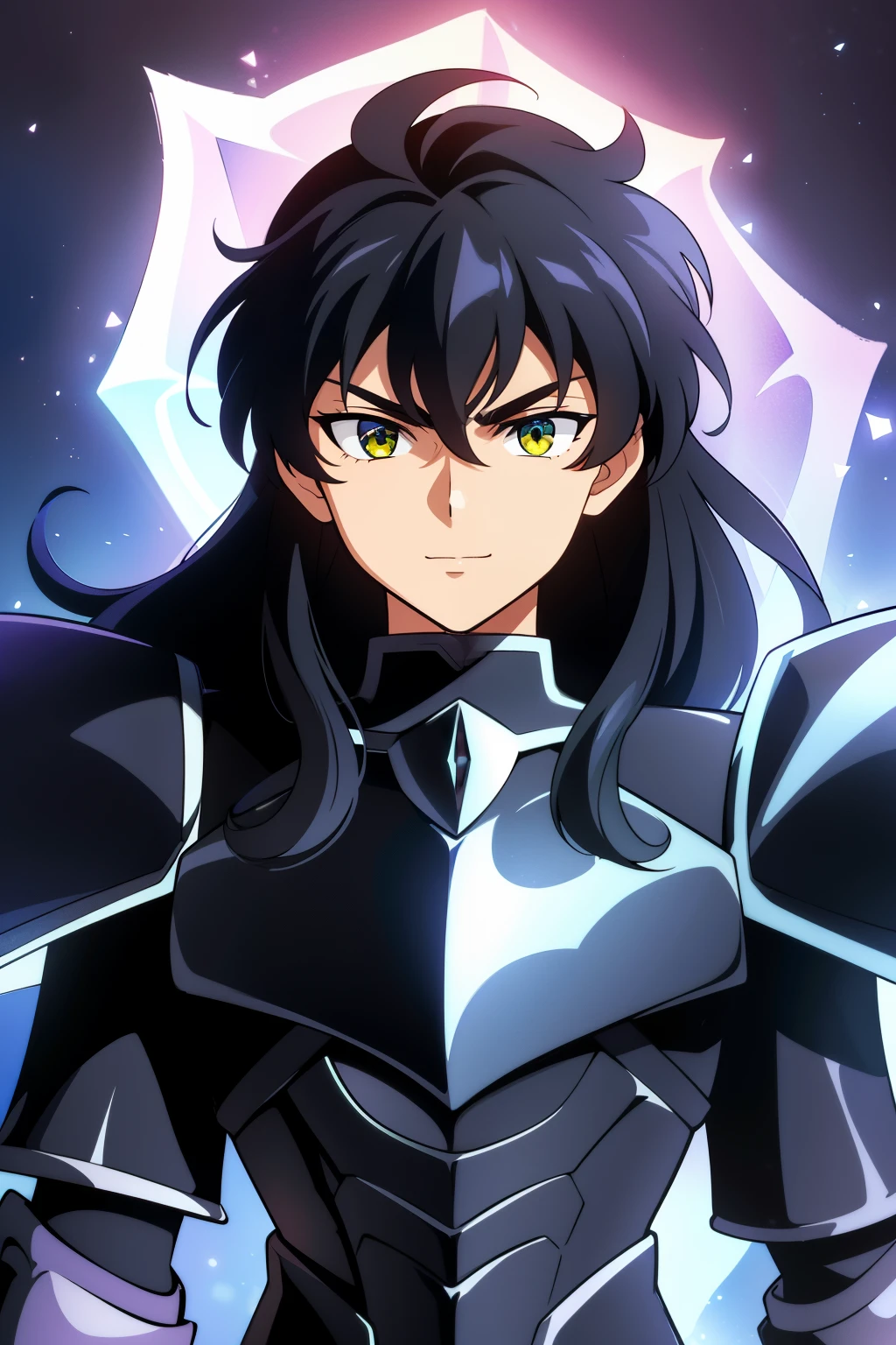 (high-quality, breathtaking),(expressive eyes, perfect face), 1boy, male, solo, half body, armor, dark onyx purple armor, saint seiya armor, spectre armor, fantasy armor, black hair, medium length hair, bright yellow eyes, ( watercolor \(medium\), black background, small smile, zoom out, stylized hairstyle, narrow eyes