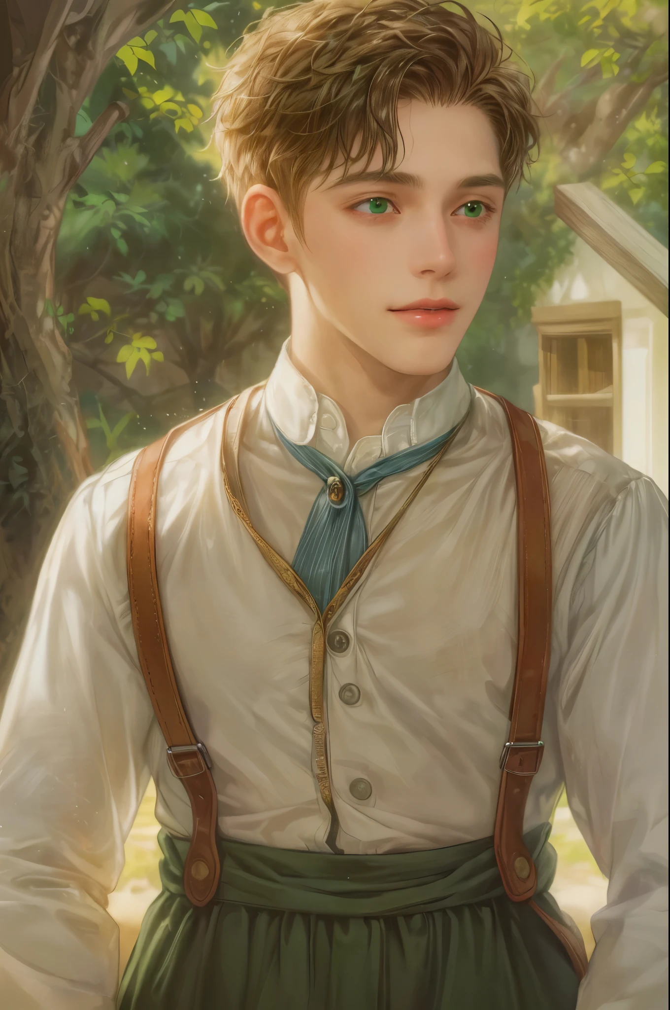 ((Best quality)), ((masterpiece)), (detailed), ((perfect face)), ((halfbody)) handsome face, male, teen boy, perfect proportions , short hair ((character from anne of green gables male version)) detailed interior, detailed scenery 