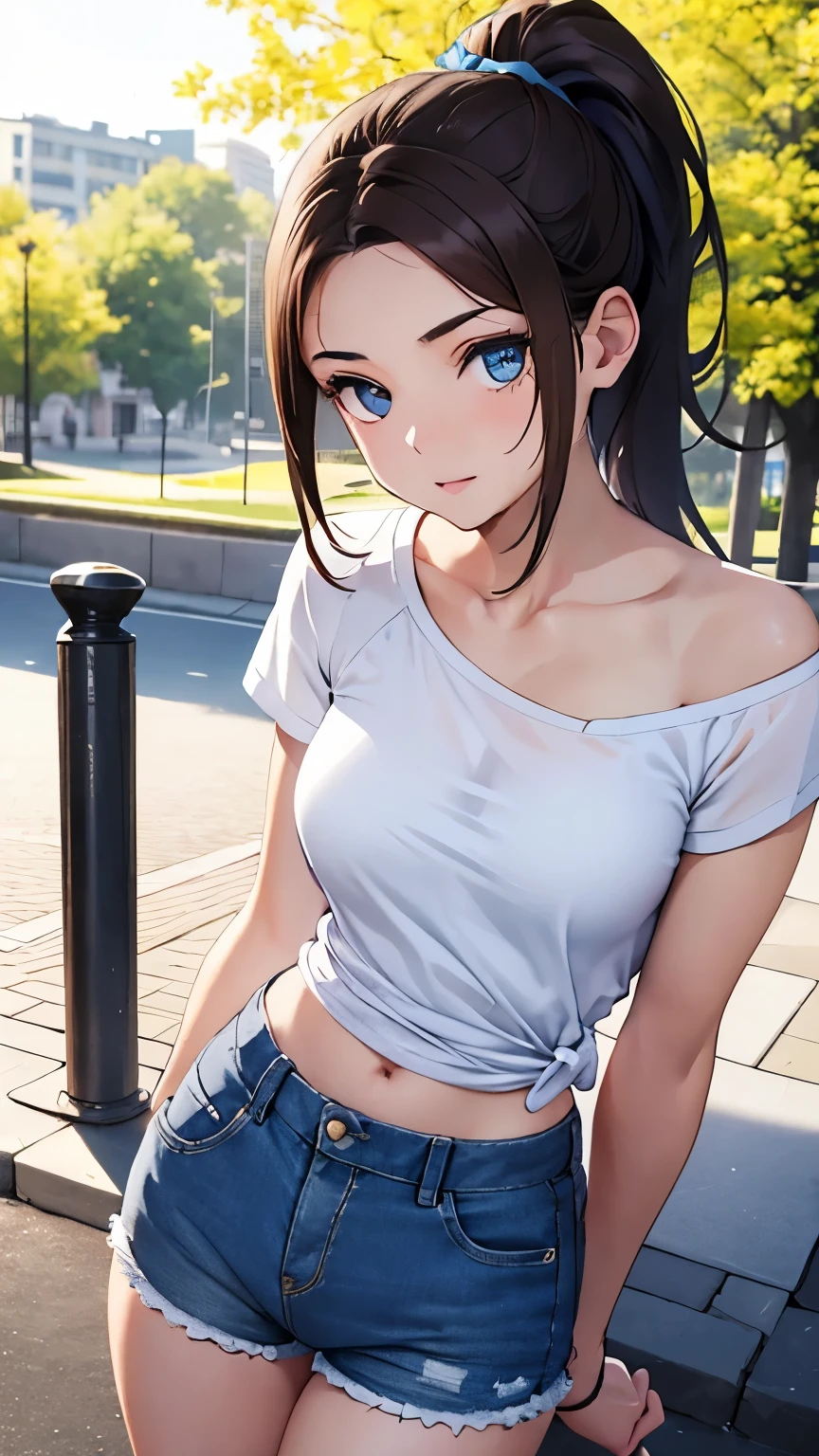 realistic, a beautiful woman, 18 years old with dark brown hair in a ponytail, waking in the park, white top and blue shorts, detailed clothes, modeling expressions, beautiful blue eyes, 