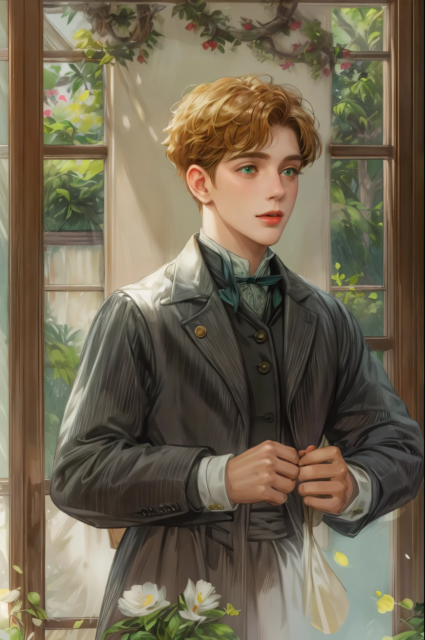 ((Best quality)), ((masterpiece)), (detailed), ((perfect face)), ((halfbody)) handsome face, male, boy, perfect proportions , short hair ((character from anne of green gables male version)) detailed interior, detailed scenery