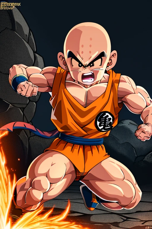 dragon ball, Krillin, intense training, fighting pose, energy beams, dynamic action, powerful aura, high intensity, vibrant colors, detailed muscles, martial arts, dramatic lighting, intense battles, explosive power, iconic character, iconic anime, epic battles, iconic moves, iconic hairstyle, ki blasts, spiky hair