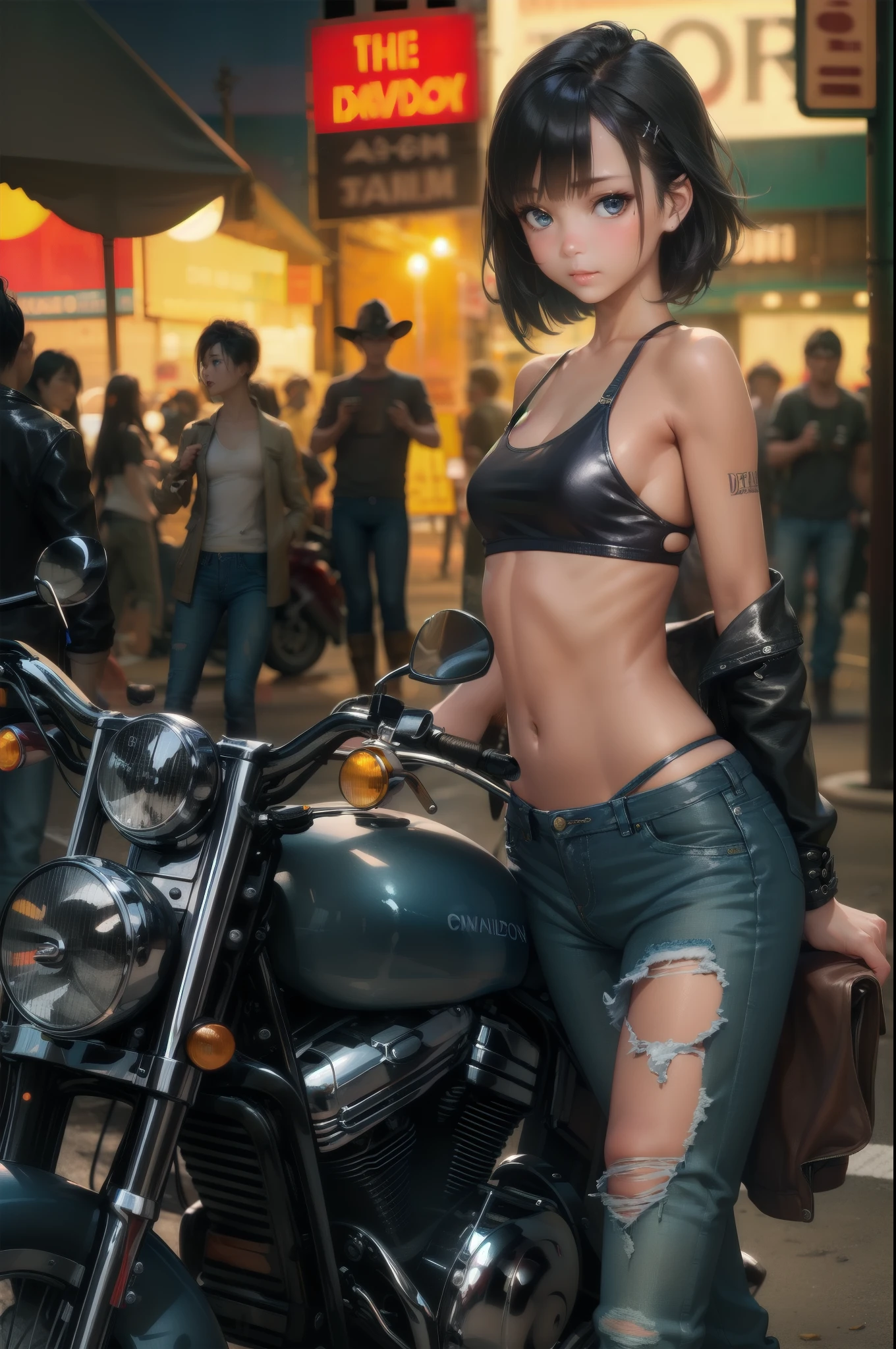 (Cowboy Shot),(Perfect Anatomy,highest quality、超High resolution、High resolution、Highly detailed CG、8K Unit Wallpaper),20-year-old、alone,Beautiful fine details,Black Hair,,blunt bangs bob cut,nude、Seductive agitation, blush,Ecstasy, Drooling from the mouth,Embarrassing,avert your eyes、tears、Pee、Blunt Bang,(Small breasts,Slender body,skinny),Glowing Skin,Oily skin,(Punk Fashion、leather jacket、Tank top、Micro Bikini Shorts)、Underboob,whole body、(Drive a motorcycle,Harley-Davidson,),On the road,Tokyo,At night、((The girl is surrounded by men:1.4)