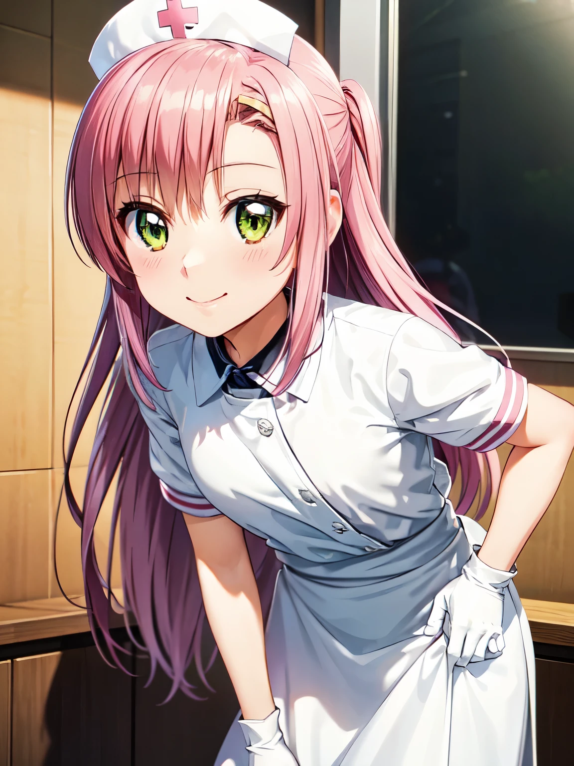 High resolution, highest quality, super high quality,3D images、daisies、Katsura Hina、Absolute reference to center、Cute no matter who looks at it、pink hair ,very long hair, straight hair、hinagiku katsura、indoor、Are standing, hospital room、white clothes、nurse, nurse cap, white clothes, white gloves, white clothes、short sleeve、closed mouth、cute smile、cowboy shot