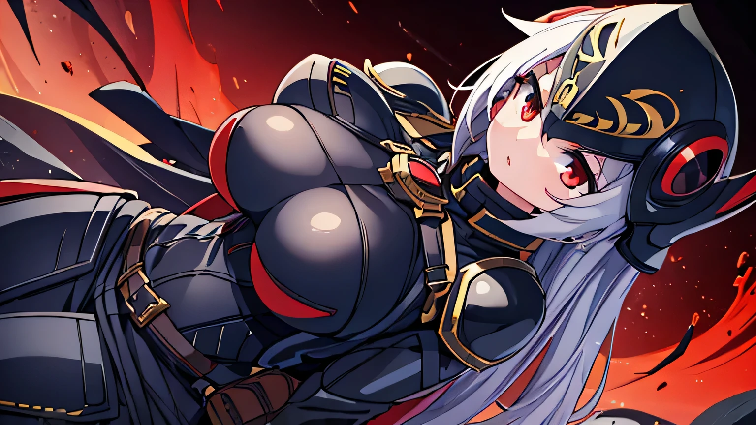 girl,huge breasts,red eyes,chest focus,Severe,black armor and helmet,dutch angle,close to the viewer