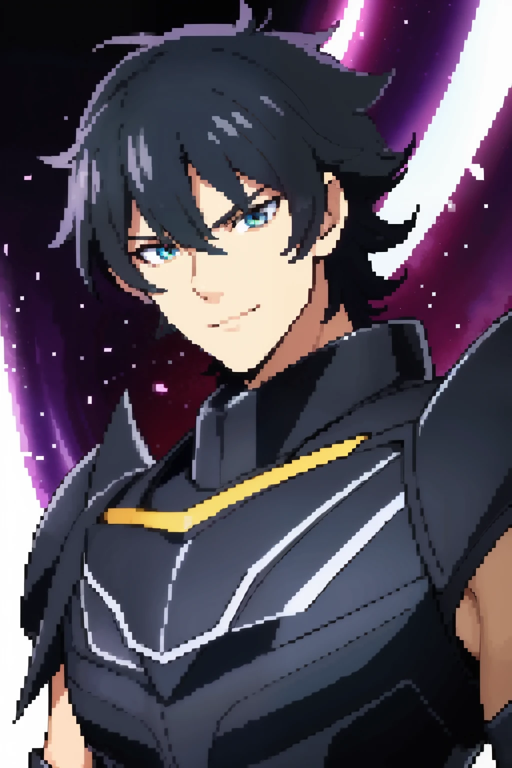 (high-quality, breathtaking),(expressive eyes, perfect face), 1boy, male, solo, half body, armor, dark onyx purple armor, saint seiya armor, spectre armor, fantasy armor, black hair, medium length hair, bright yellow eyes, ( watercolor \(medium\), black background, small smile, zoom out, stylized hairstyle, narrow eyes
