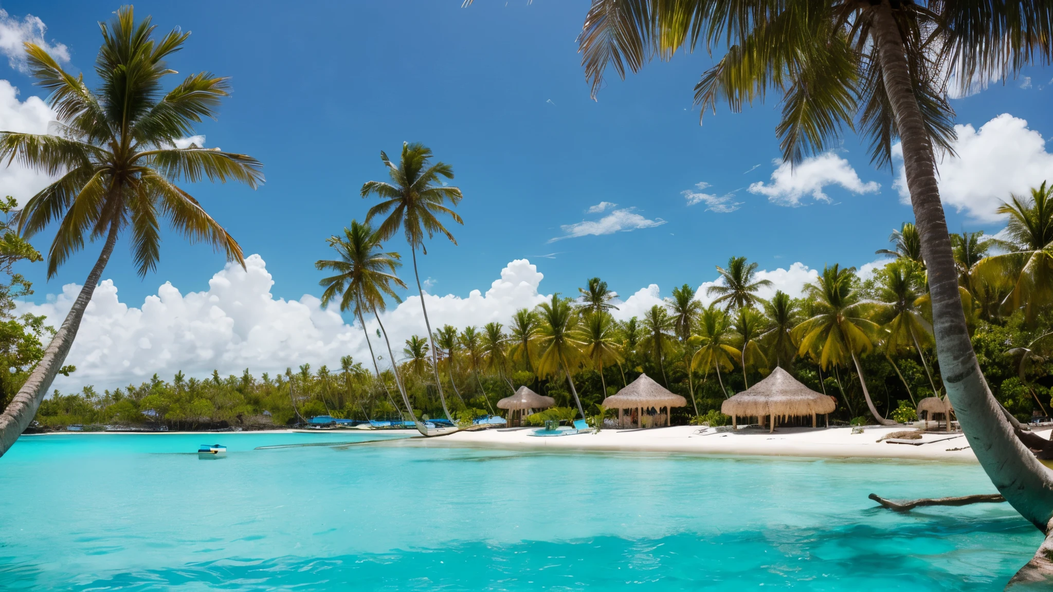 A remote tropical paradise with a crystal-clear turquoise lagoon surrounded by swaying palm trees and white sandy beaches fringed by a vibrant coral reef.