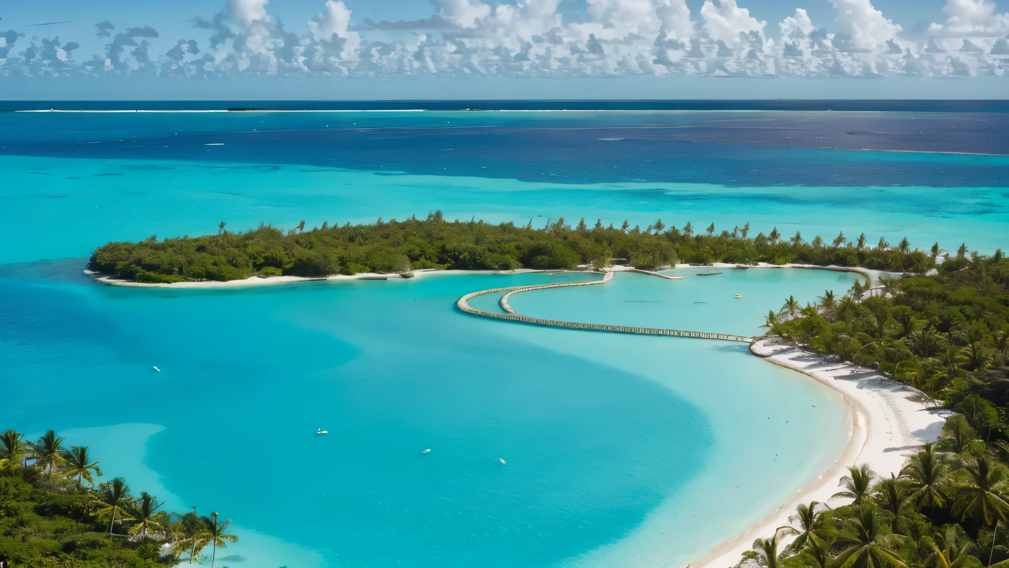 A remote tropical paradise with a crystal-clear turquoise lagoon surrounded by swaying palm trees and white sandy beaches fringed by a vibrant coral reef.