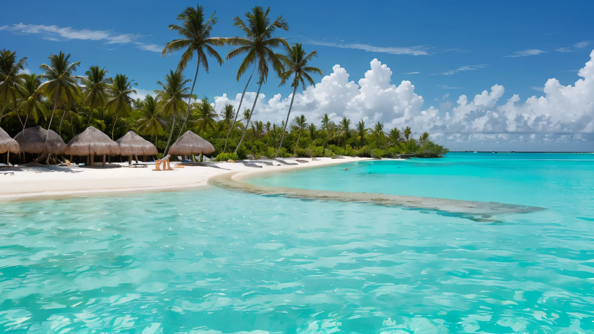 A remote tropical paradise with a crystal-clear turquoise lagoon surrounded by swaying palm trees and white sandy beaches fringed by a vibrant coral reef.