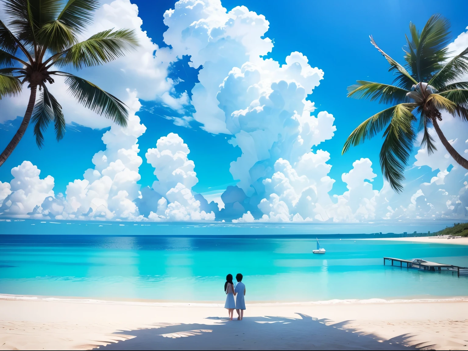 A mesmerizing blue sky spread out on the beach。the water is crystal clear、kiss the shore、The white sand beach continues forever。The scenes are action-packed and breathtaking.、Seagulls soar high into the sky、palm trees sway gently。Immerse yourself in the calm atmosphere、Surrounded by silence。