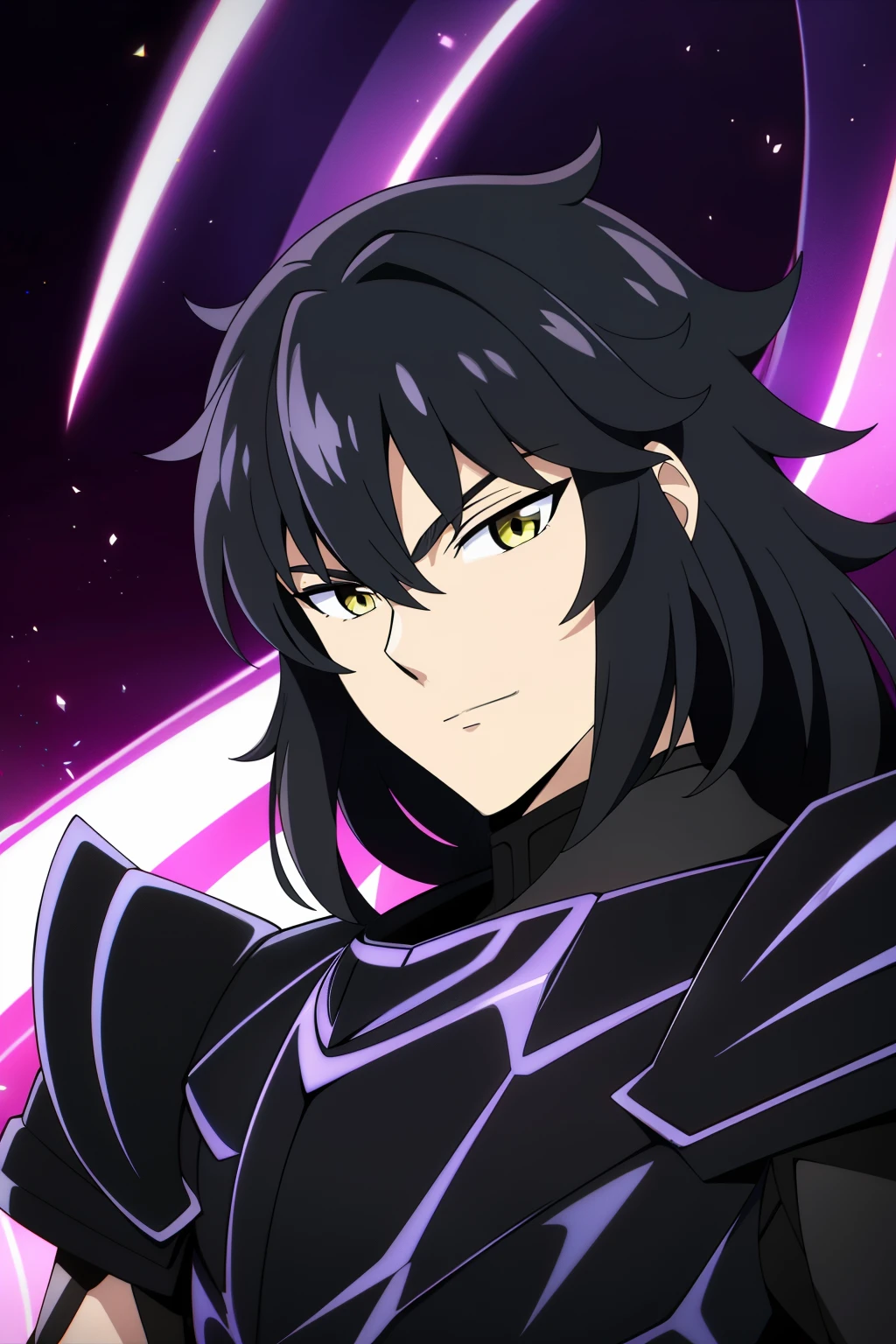 (high-quality, breathtaking),(expressive eyes, perfect face), 1boy, male, solo, half body, armor, dark onyx purple armor, saint seiya armor, spectre armor, fantasy armor, black hair, medium length hair, bright yellow eyes, black background, small smile, zoom out, stylized hairstyle
