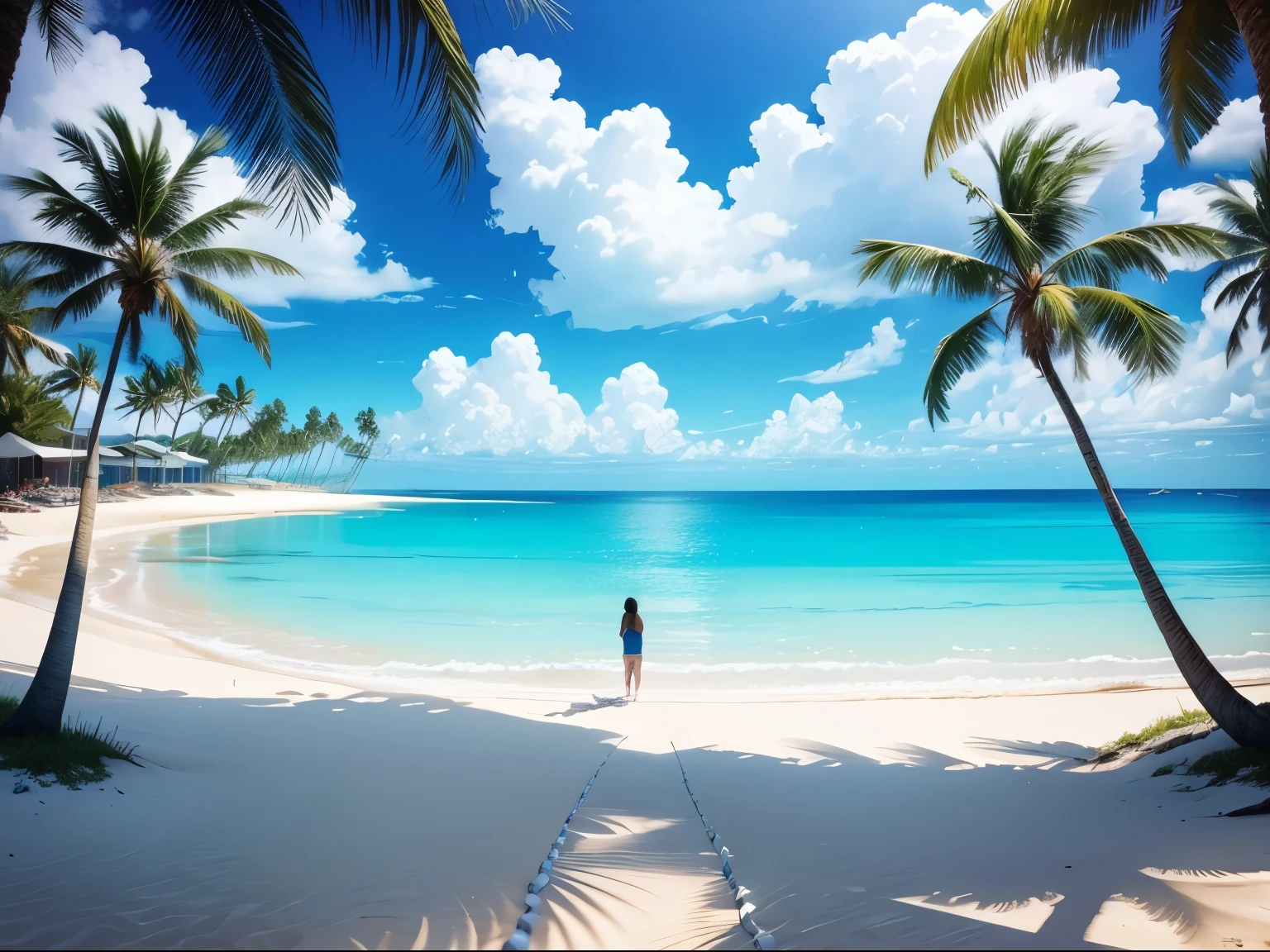 A mesmerizing blue sky spread out on the beach。the water is crystal clear、kiss the shore、The white sand beach continues forever。The scenes are action-packed and breathtaking.、Seagulls soar high into the sky、palm trees sway gently。Immerse yourself in the calm atmosphere、Surrounded by silence。