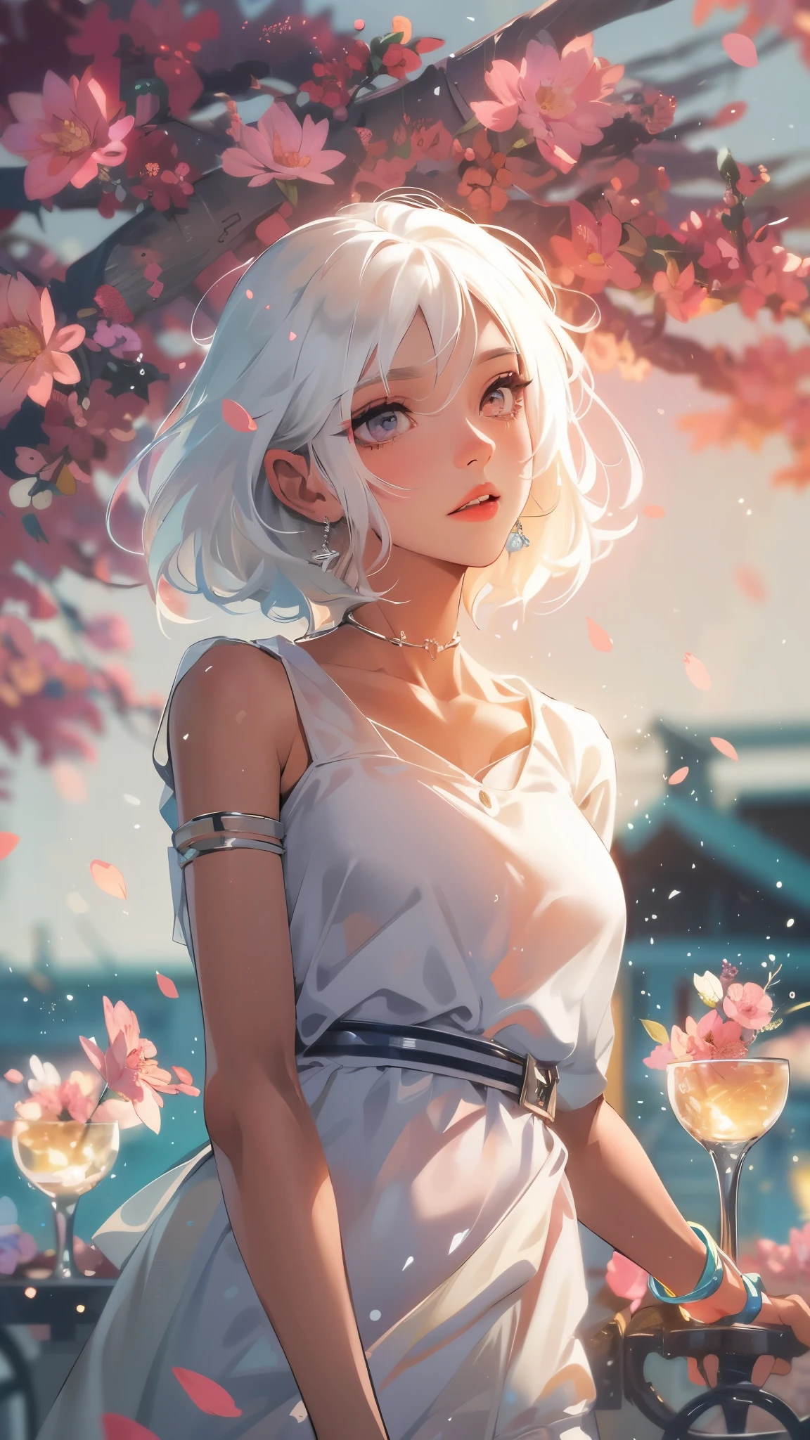 Realistic, 1girl, white hair, purple eyes, glowing eyes, cropped top, skirt, parted lips, blush, night, flowers, sun, sunlight, white skirt, short skirt, medium length hair, real, warm colors, white short Dress, white clothes, light background color, day environment, bright color background, saudi, ocean, cute,