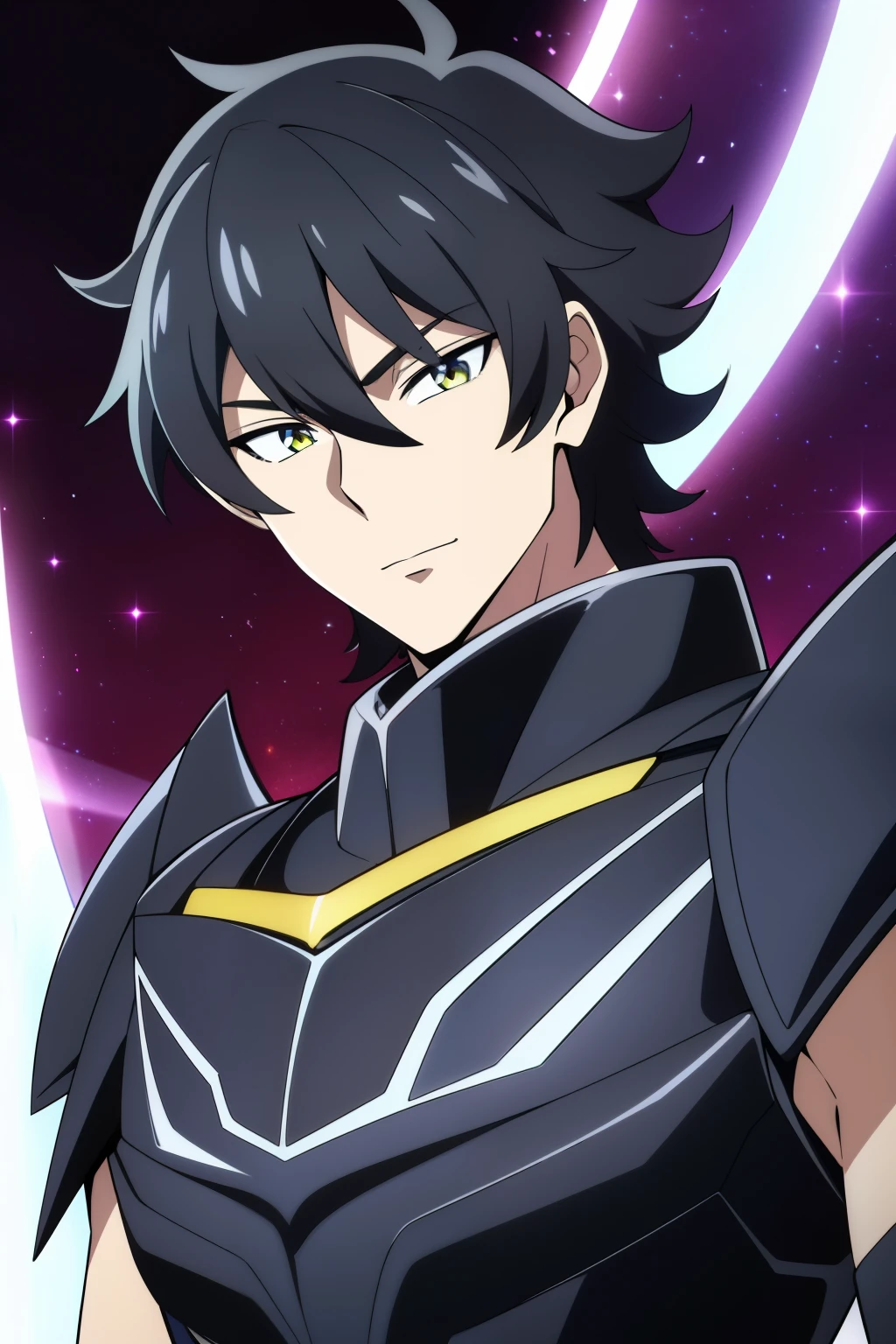 (high-quality, breathtaking),(expressive eyes, perfect face), 1boy, male, solo, half body, armor, dark onyx purple armor, saint seiya armor, spectre armor, fantasy armor, black hair, medium length hair, bright yellow eyes, black background, small smile, zoom out, stylized hairstyle, narrow eyes
