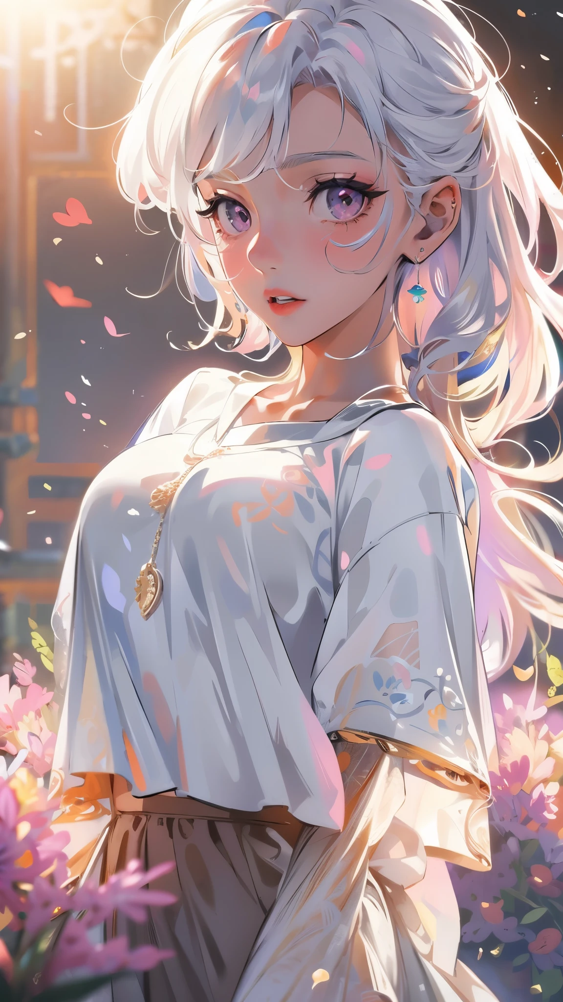 Realistic, 1girl, white hair, purple eyes, glowing eyes, cropped top, skirt, parted lips, blush, night, flowers, sun, sunlight, white skirt, short skirt, medium length hair, real, warm colors, white short Dress, white clothes, light background color, day environment, bright color background, saudi, ocean, cute,
