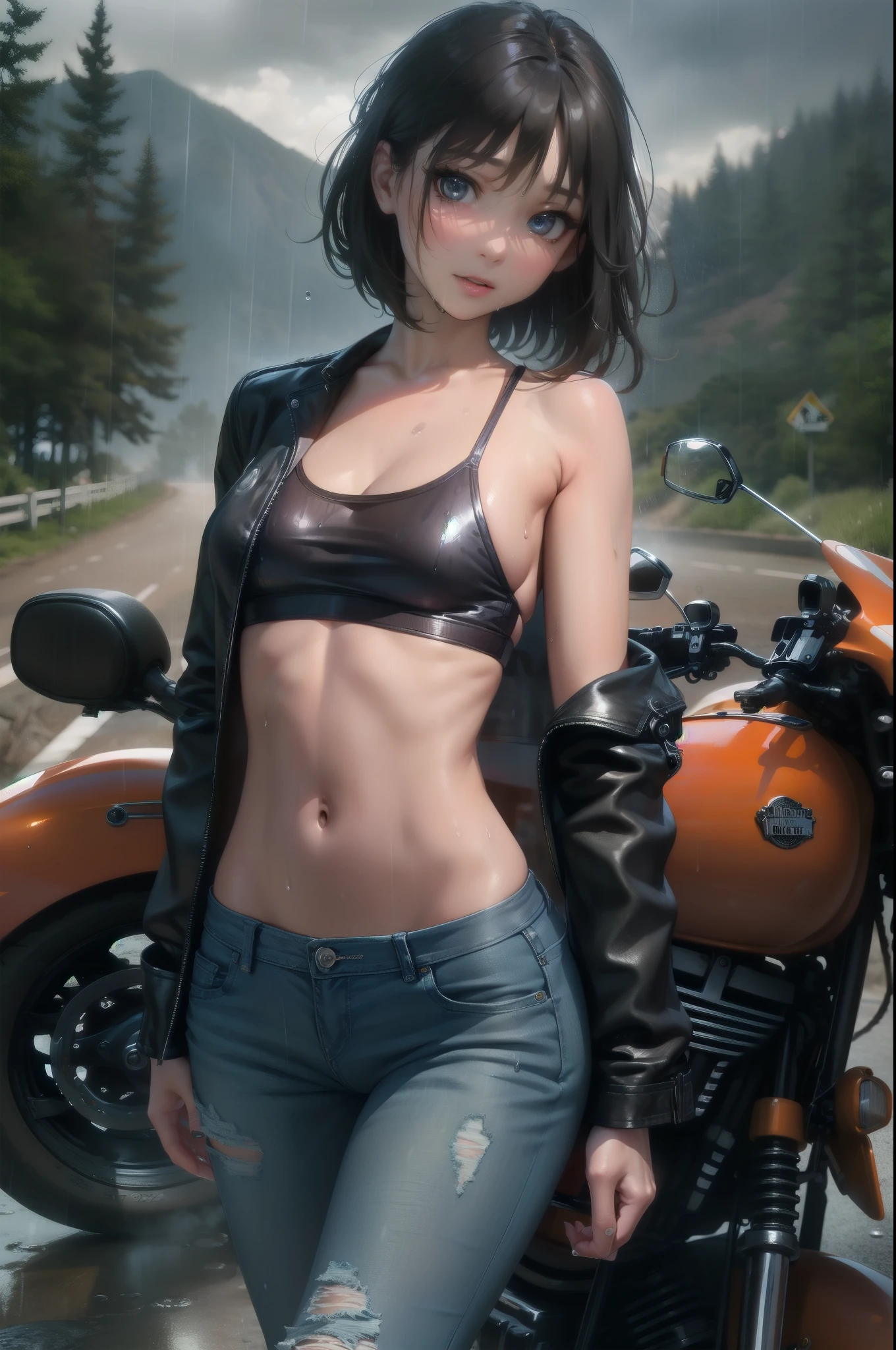 (cowboy shot),(Perfect Anatomy,top-quality、The ultra -The high-definition、hight resolution、extremely details CG、8K Unit Wallpapers),20-year-old、solo,Beautiful detailed eyes,black hair,shor bob hair,blunt bang,wet hair,(small breasts,slender body,skinny),gleaming skin,oily skin,(drenched in the rain、punk fashion、leather jacket、Tank top、torn denim pants、boots),(drive a motorcycle,Harley-Davidson,),heavy rain、on road,Mountainous area,at night、