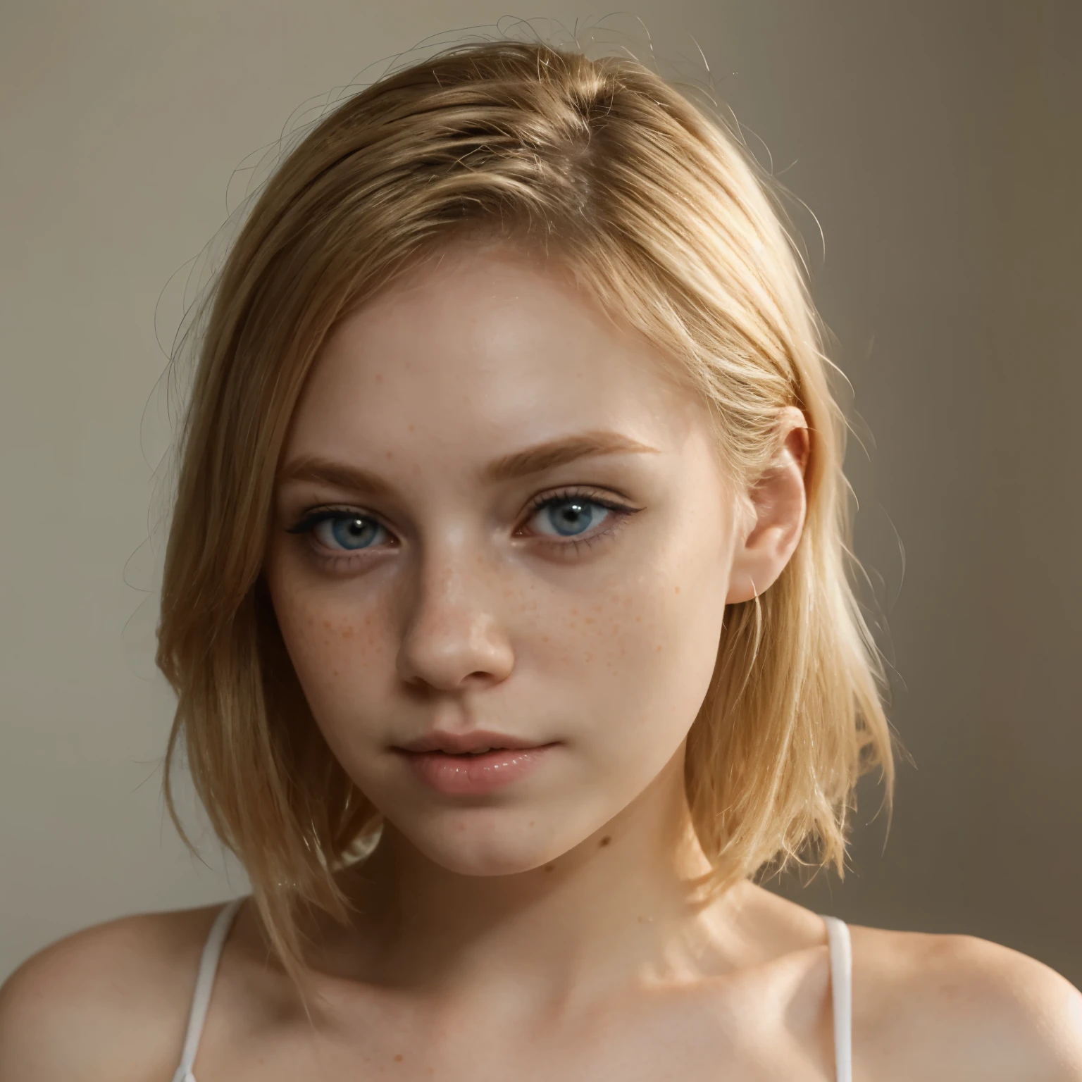 Woman with pale skin cute face freckles shoet blonde hair blue iris and small pinkish lips, has blonde hair,