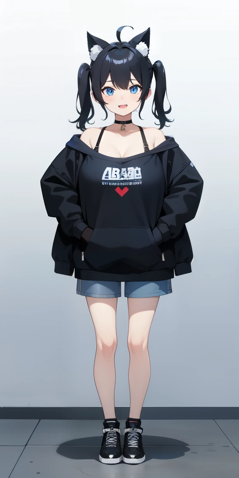 on lap,((((upright)))), ((((stand up)))), looking at the viewer, simple background、white background, 1 girl, open your mouth, smile, Virtual YouTuber、with a girl、((highest quality, expensive_solve, clear_image)),(black hair), (black cat ears), (Ahoge),stupid short hair、twin tails、(wavy hair), (blue eyes),、laughter、very big breasts、((concept art))、((front))、wore a camisole、I put a hoodie on my shoulders、short pants、cleavage visible、whole body、