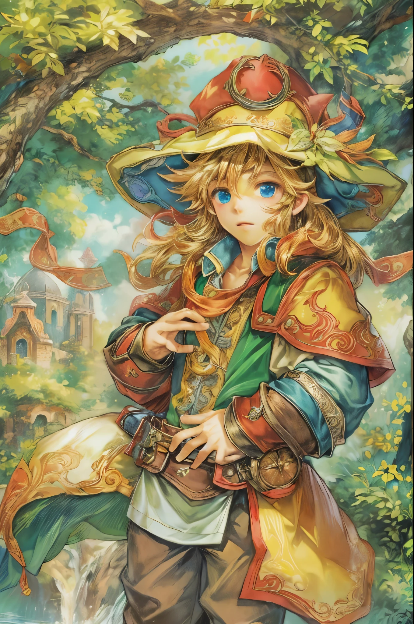 (((Best quality)), ((masterpiece)), (detailed), ((perfect face)), ((halfbody)) handsome face, male, , perfect proportions , colorful vibe ((character from legend of mana, male version)) wearing hat, detailed interior, cozy home