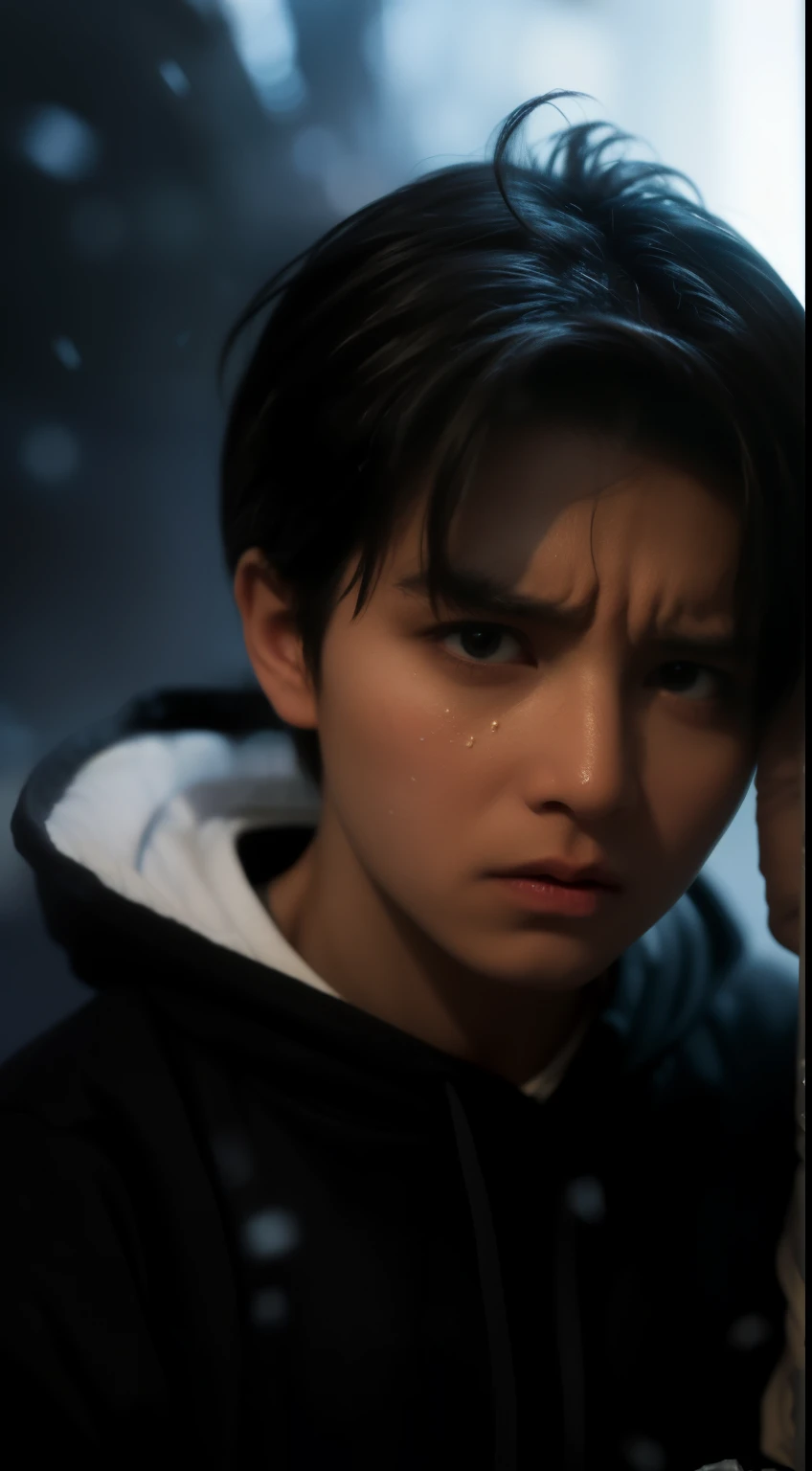 (best quality,high quality,4k,8k,masterpiece:1.2),cry,1boy,solo,male focus,looking at viewer,upper body,hitsugaya_toushirou,wearing Streetwear Hoodie,dynamic lighting,blurry background,teary eyes, intense expression, floating ice crystals, snowflakes, winter atmosphere, misty breath, deep blue color palette, icy texture, sharp contrast, strong chiaroscuro, dramatic pose, melancholic atmosphere.