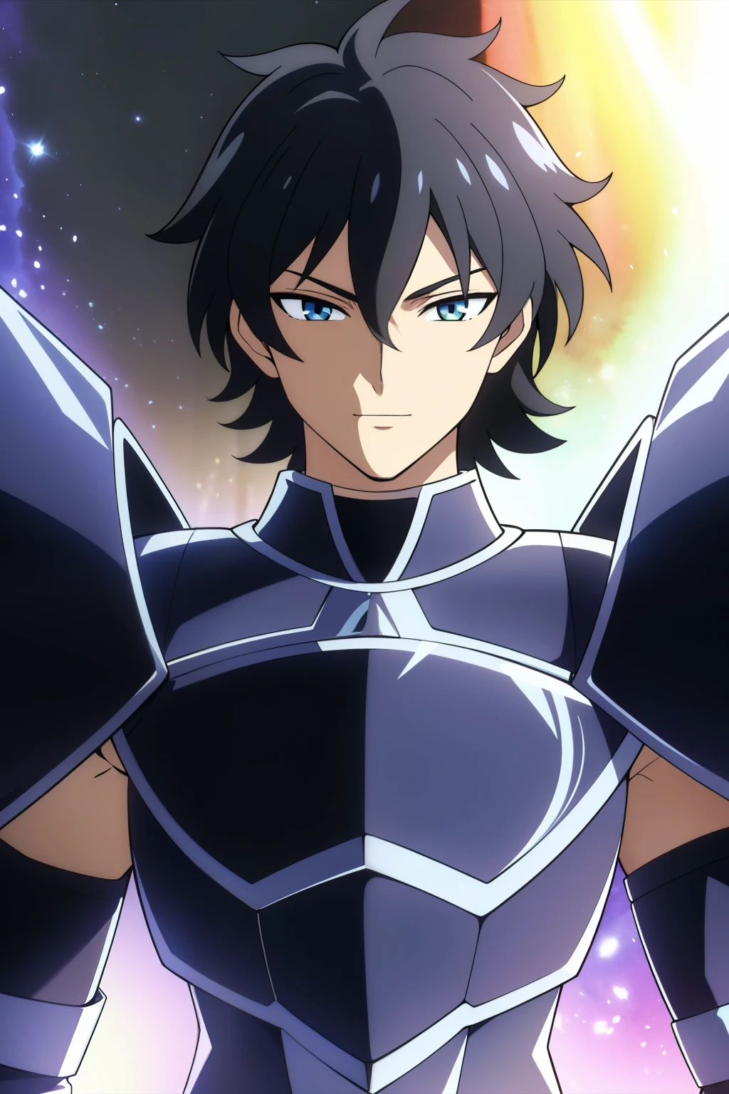 (high-quality, breathtaking),(expressive eyes, perfect face), 1boy, male, solo, half body, armor, dark onyx purple armor, saint seiya armor, spectre armor, fantasy armor, black hair, medium length hair, bright yellow eyes, ( watercolor \(medium\), black background, small smile, zoom out, stylized hairstyle
