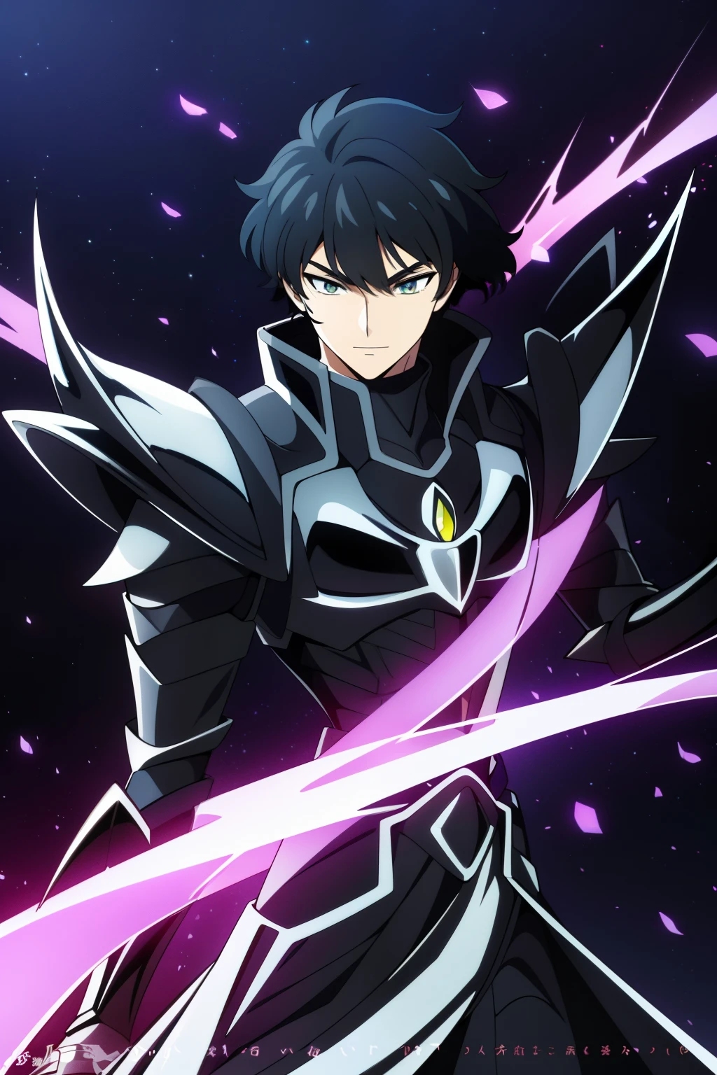 (high-quality, breathtaking),(expressive eyes, perfect face), 1boy, male, solo, half body, armor, dark onyx purple armor, saint seiya armor, spectre armor, fantasy armor, black hair, medium length hair, bright yellow eyes, black background, small smile, zoom out, stylized hairstyle
