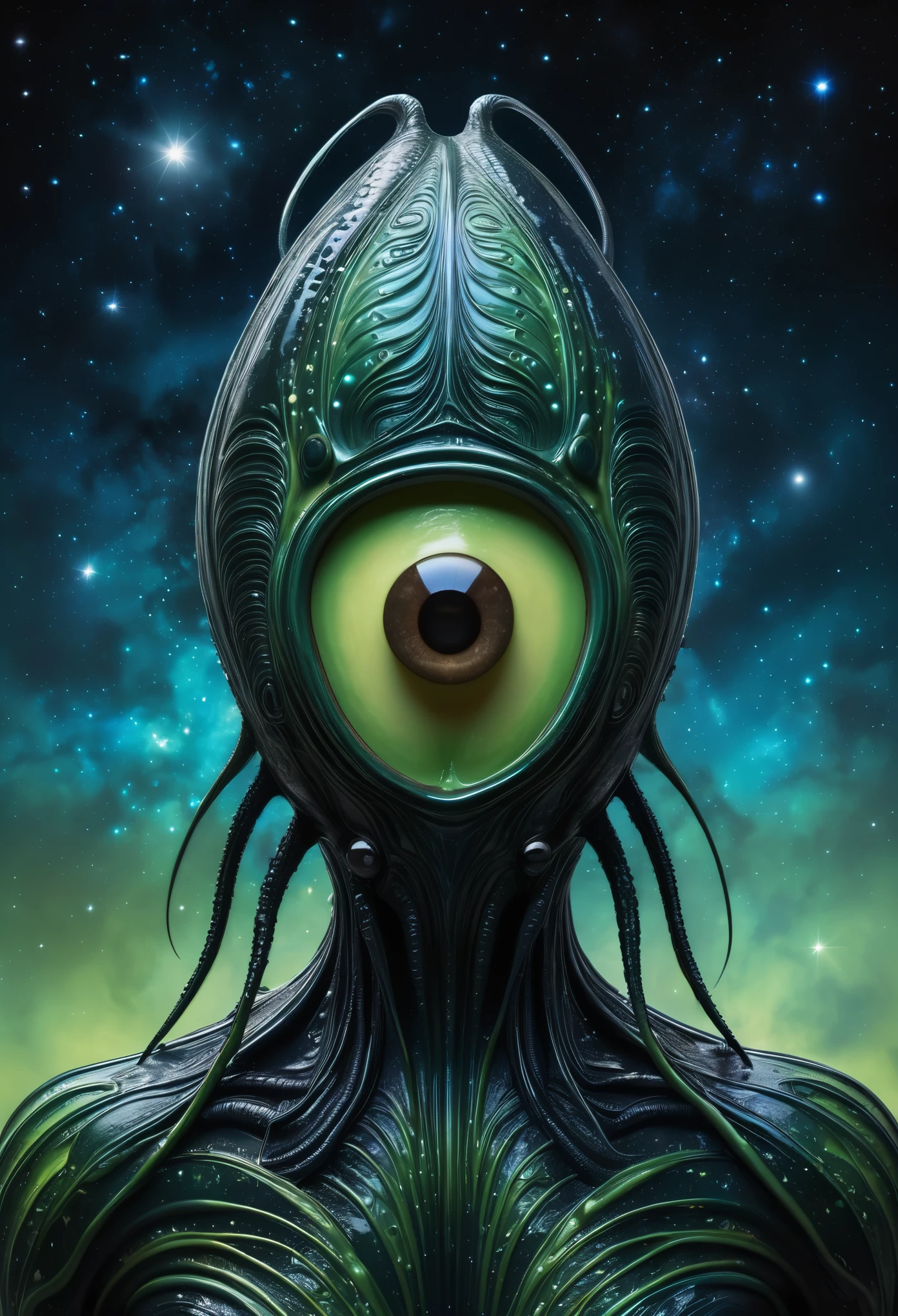 avocado skin, Space creature, bioluminescence, celestial background, nighttime wonder, inspired by the surreal work of H.R. Giger