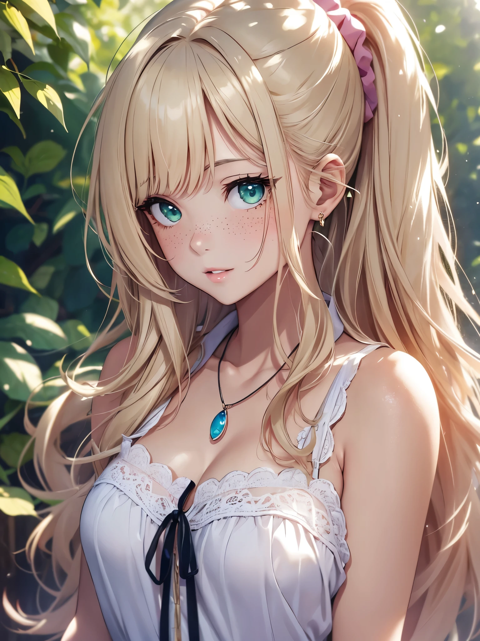 (masterpiece, best quality), 1girl, solo, face, parted lips, looking at viewer, light blush, light smile, pendant, ear piercing, long eyelashes, blonde hair, long wavy hair, high ponytail, asymmetrical bangs, green eyes, freckles, pale skin, outdoors, park, sunlight, pink scrunchie, white collared shirt, sleeveless, cleavage, small perky breasts, sexually suggestive, popochichi, marin kitagawa.